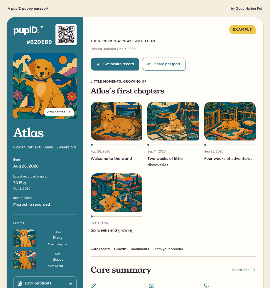 Atlas’s example public passport, with identity, shared story, Get health record and Share passport controls