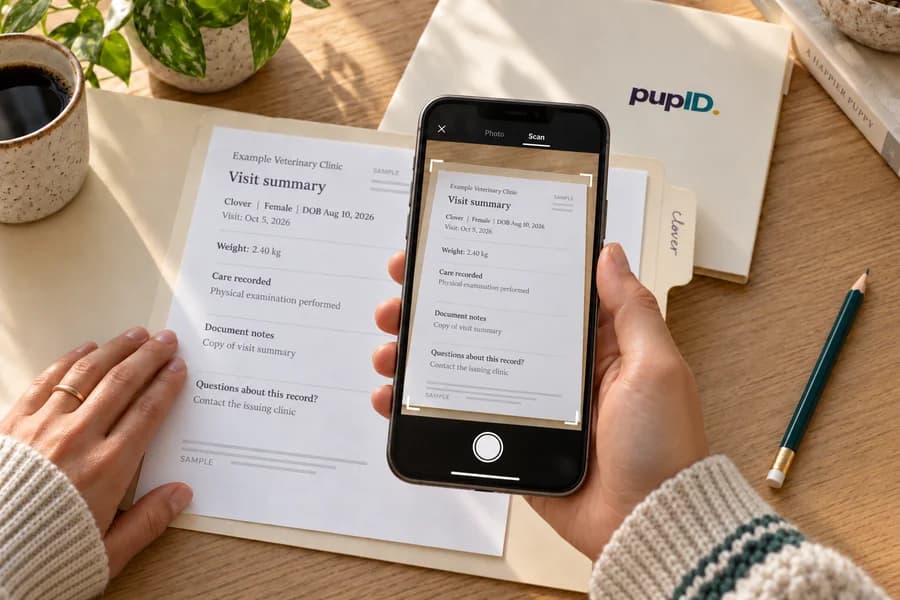 A phone in the pupID camera photographs a sample veterinary visit summary lying on a desk.