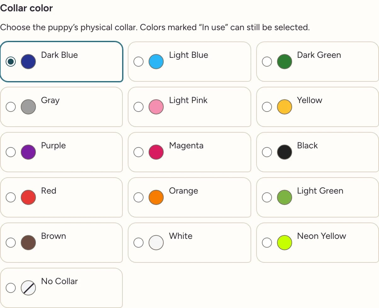 The Add puppy record collar picker, with named color swatches and Dark blue selected.