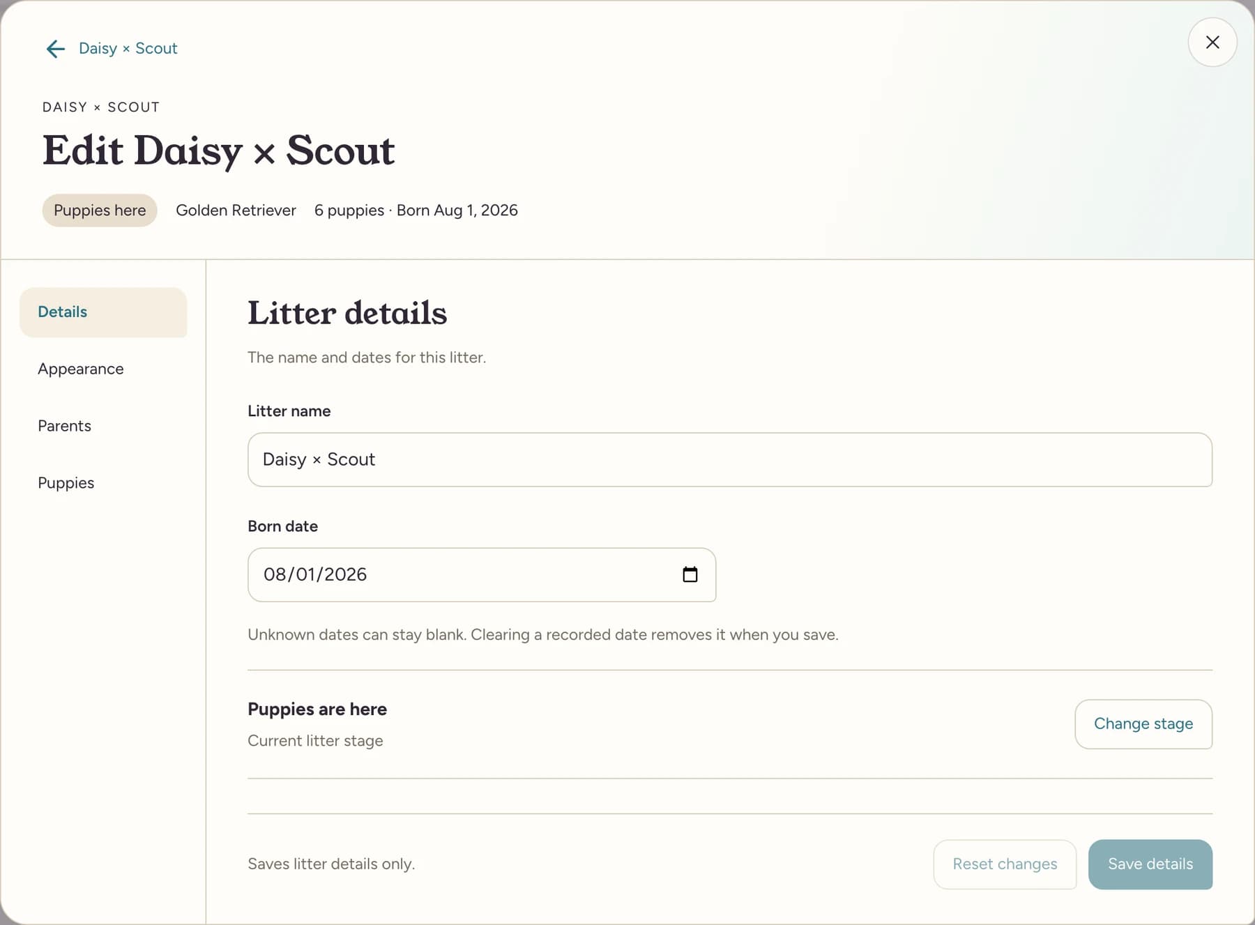 Edit Daisy × Scout with the Details section open and a Born date field for the example litter.