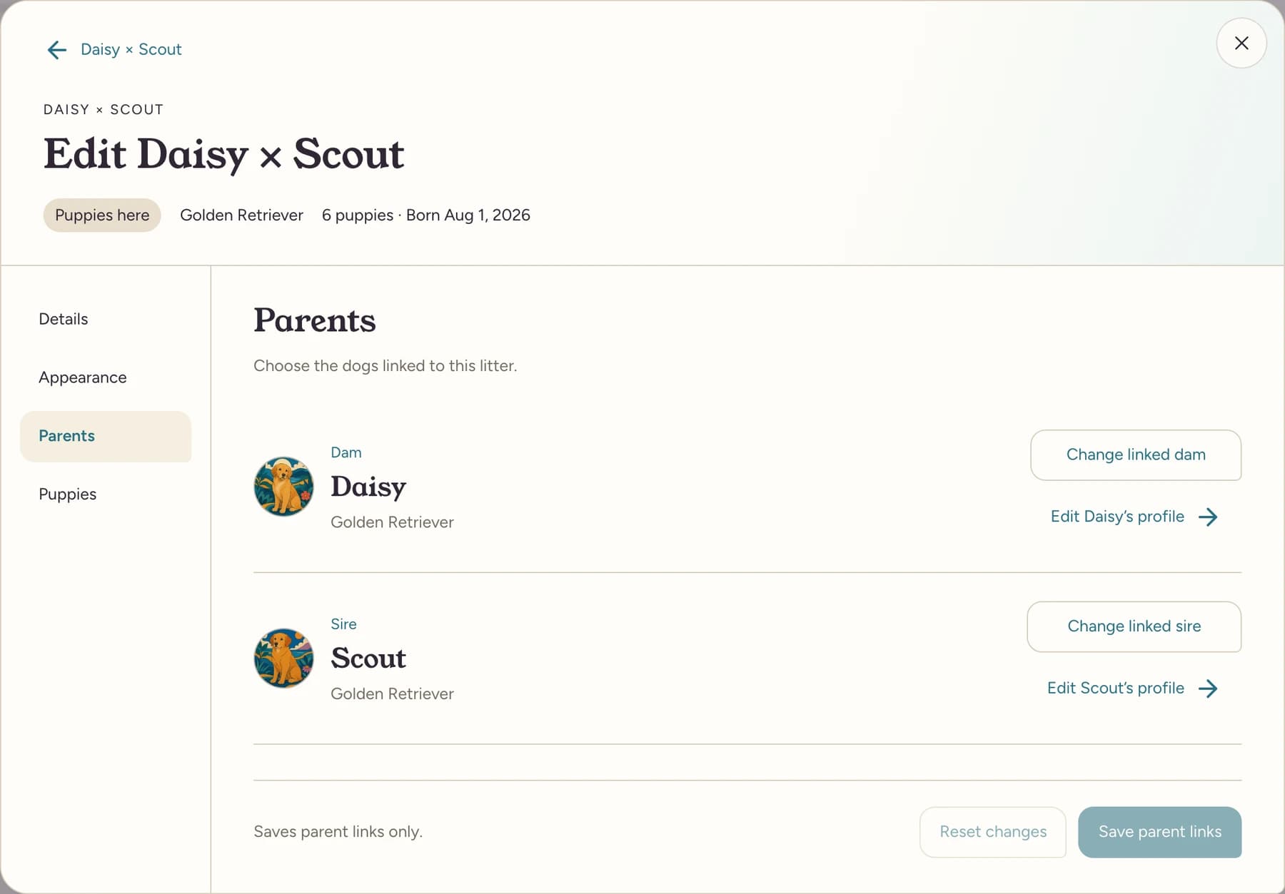 Edit Daisy × Scout, showing the linked dam Daisy and sire Scout with their example portraits.