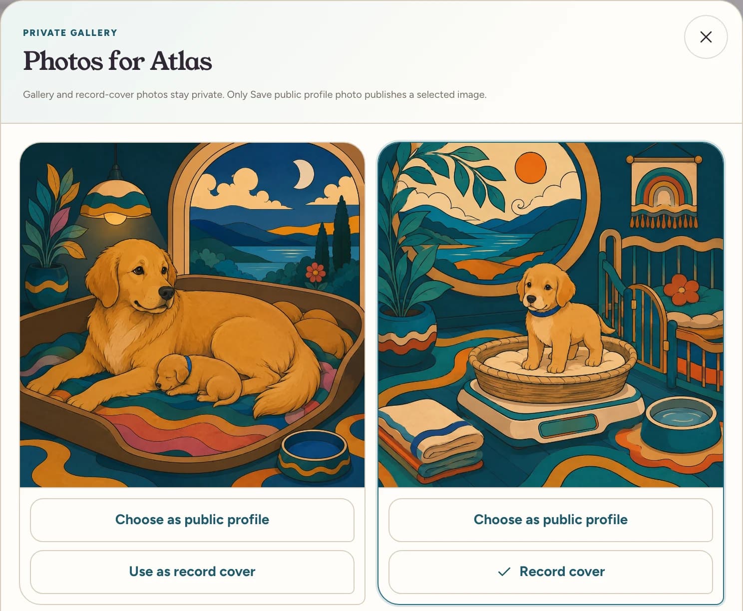 Two illustrated Atlas gallery images with Use as record cover controls, one showing a selected check, and separate public-profile controls.
