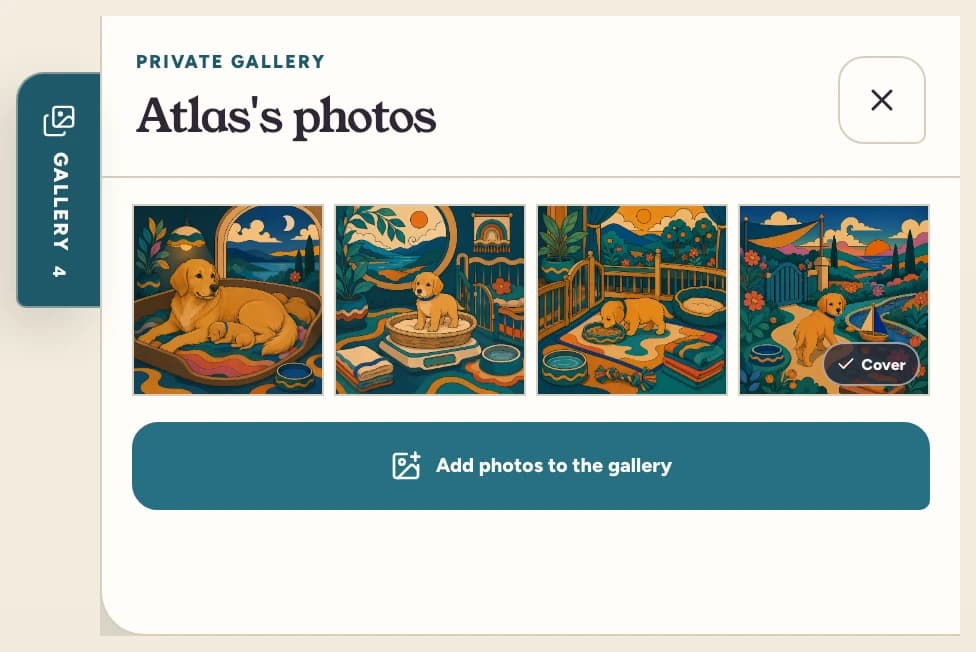 Atlas’s private Gallery showing illustrated puppy photos and the Add photos to the gallery control.