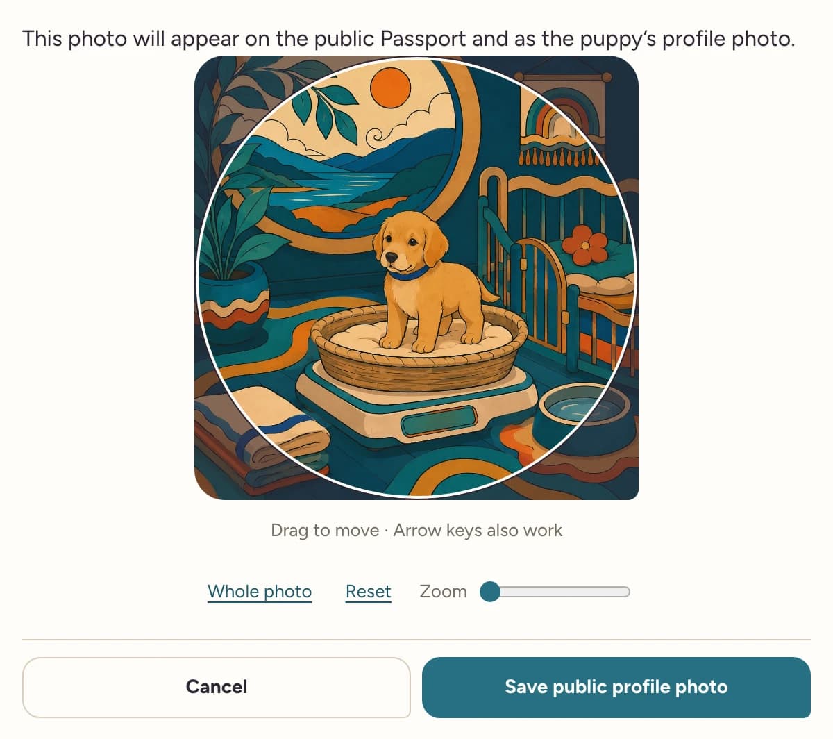 Public profile photo editor showing a circular crop of illustrated Atlas, a Zoom slider and Save public profile photo.