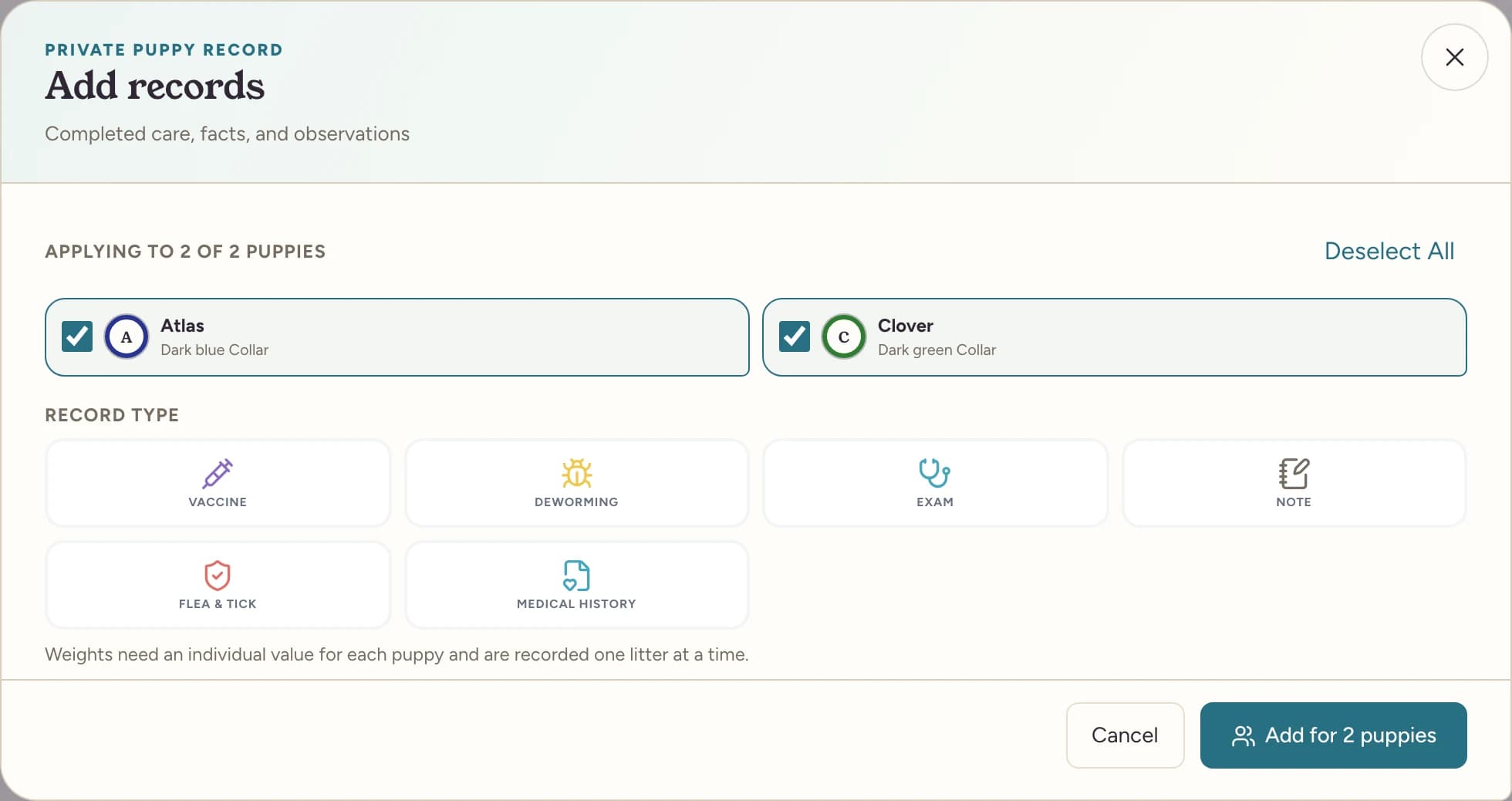 Add records with Atlas and Clover selected and choices for Vaccine, Deworming, Exam, Note, Flea and tick, and Medical history.