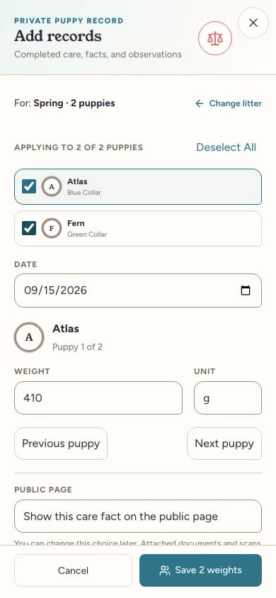 Shared weight form showing the selected puppy, individual weight and unit, and Next puppy.