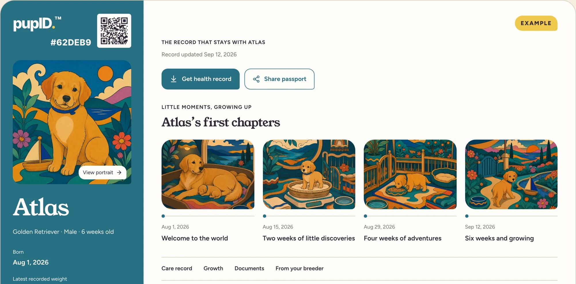 Atlas’s example public passport with identity, QR code, Share passport button, and four published milestone images.