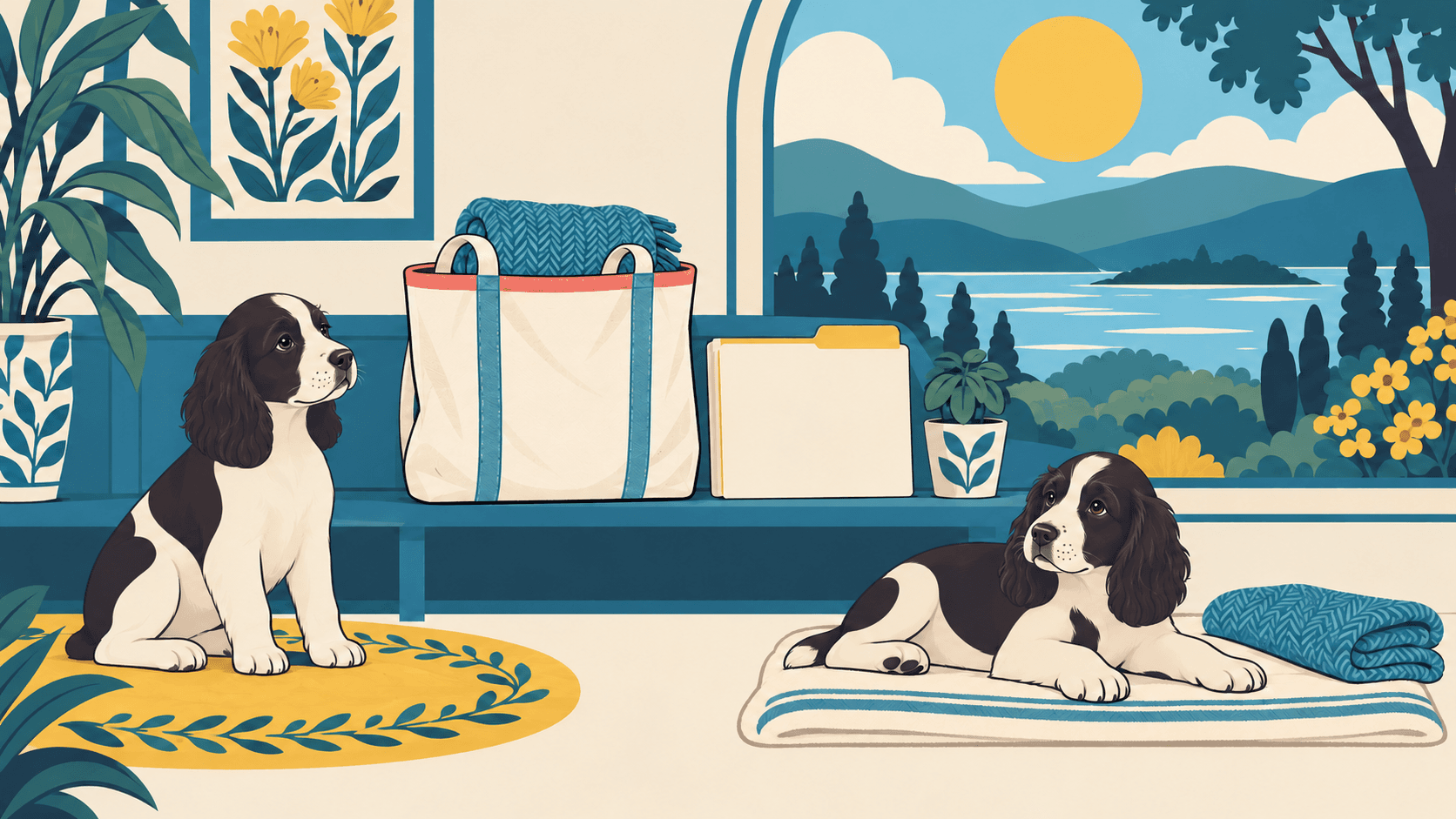 Two puppies in a bright nursery with a prepared tote, folded blanket and document folder; a large window looks onto a colorful natural landscape.