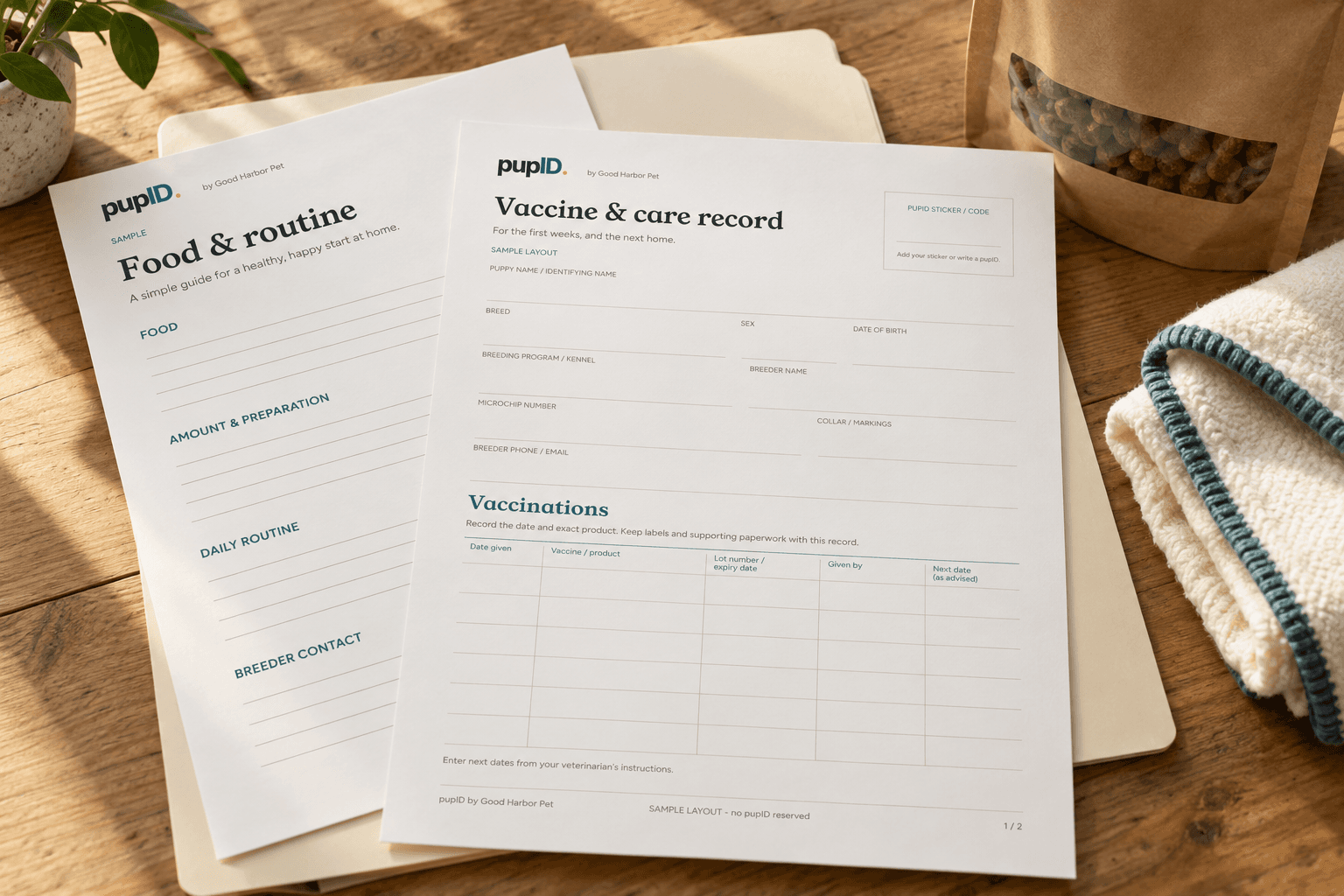 A staged pupID go-home packet on a wooden table, with sample puppy records, food and routine instructions, a plain food pouch and a folded blanket.