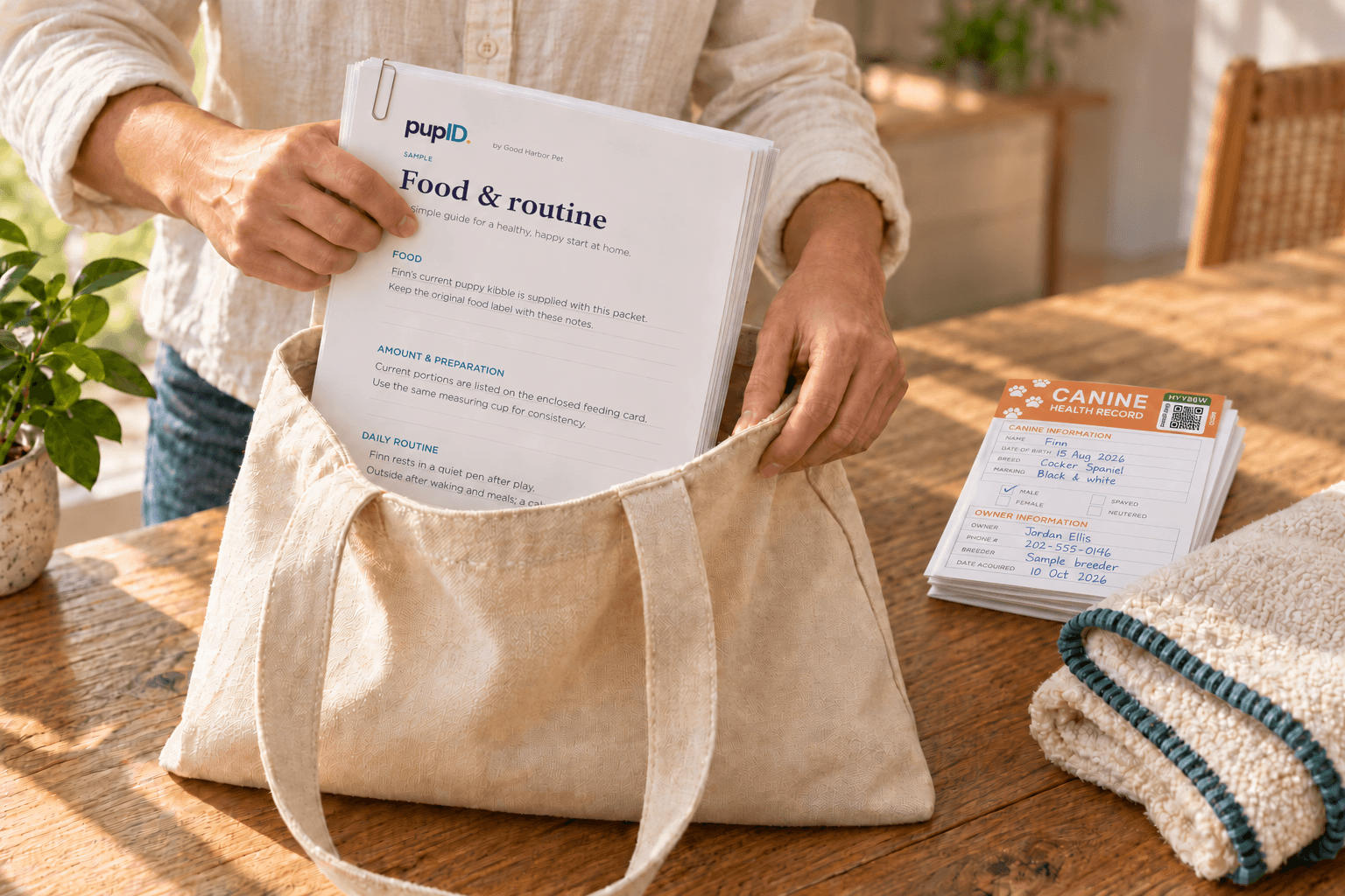 Hands lowering a clipped packet with printed food and routine notes into a canvas tote. Beside it, the top orange Canine Health Record booklet has handwritten sample details and a green pupID sticker in the right corner of its orange header.