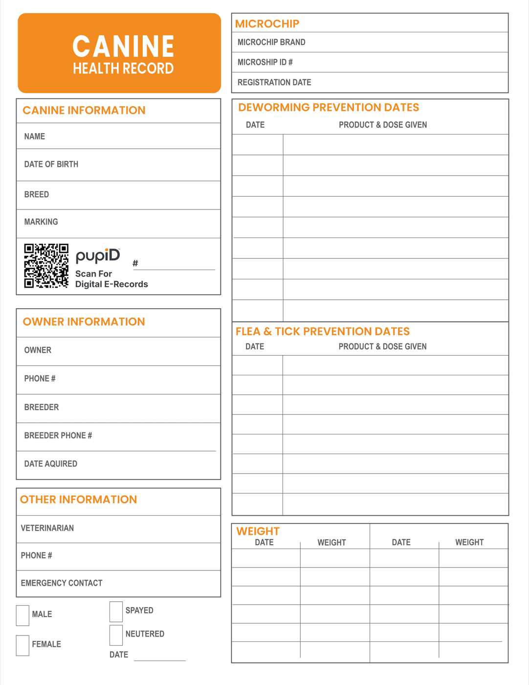 Vertical 8.5 by 11 inch puppy vaccine record booklet page, sized to hole-punch into a binder