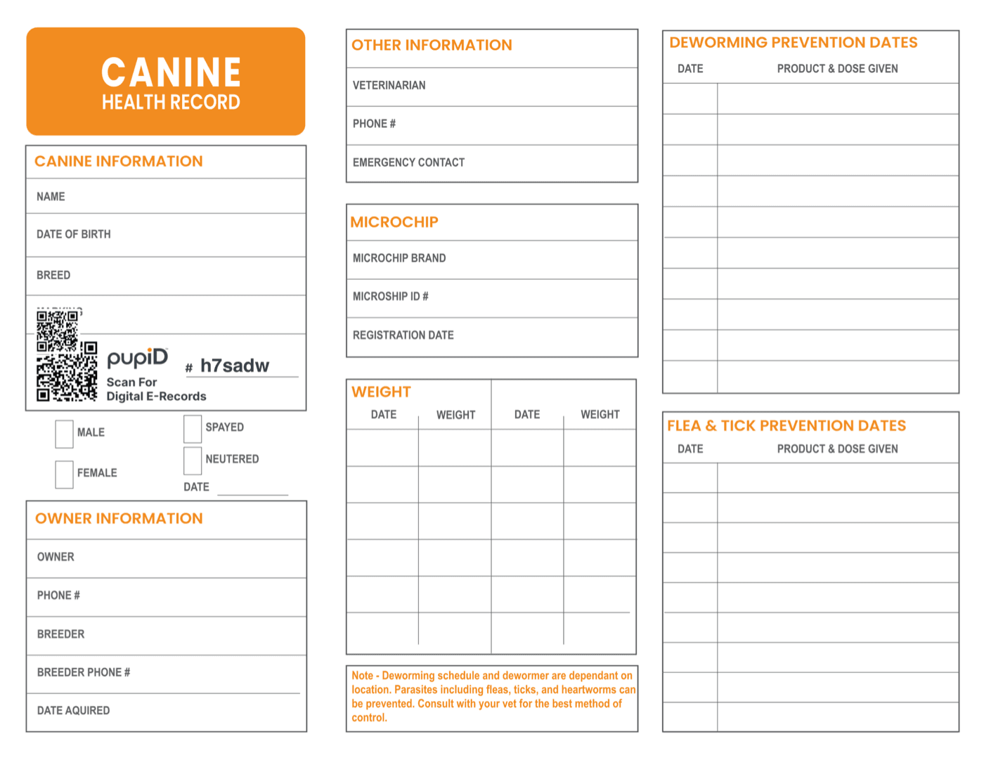 Z-fold puppy vaccine record booklet printed in landscape, with canine information, pupID QR code, vaccination and deworming tables
