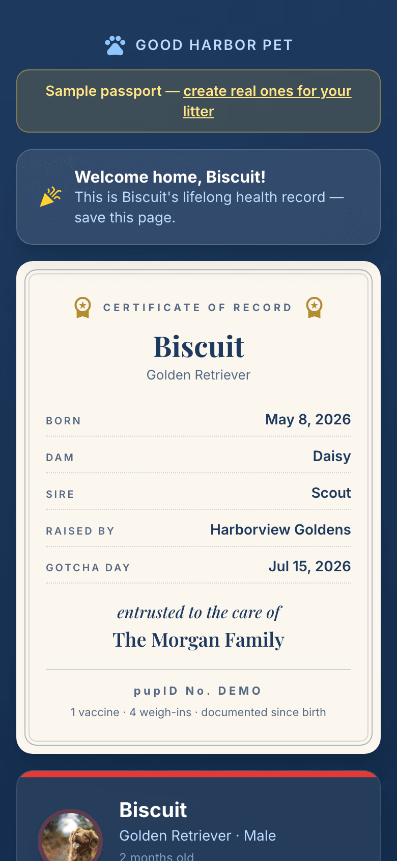 Puppy health passport on a phone, showing the puppy's photo, parents, and vaccination history