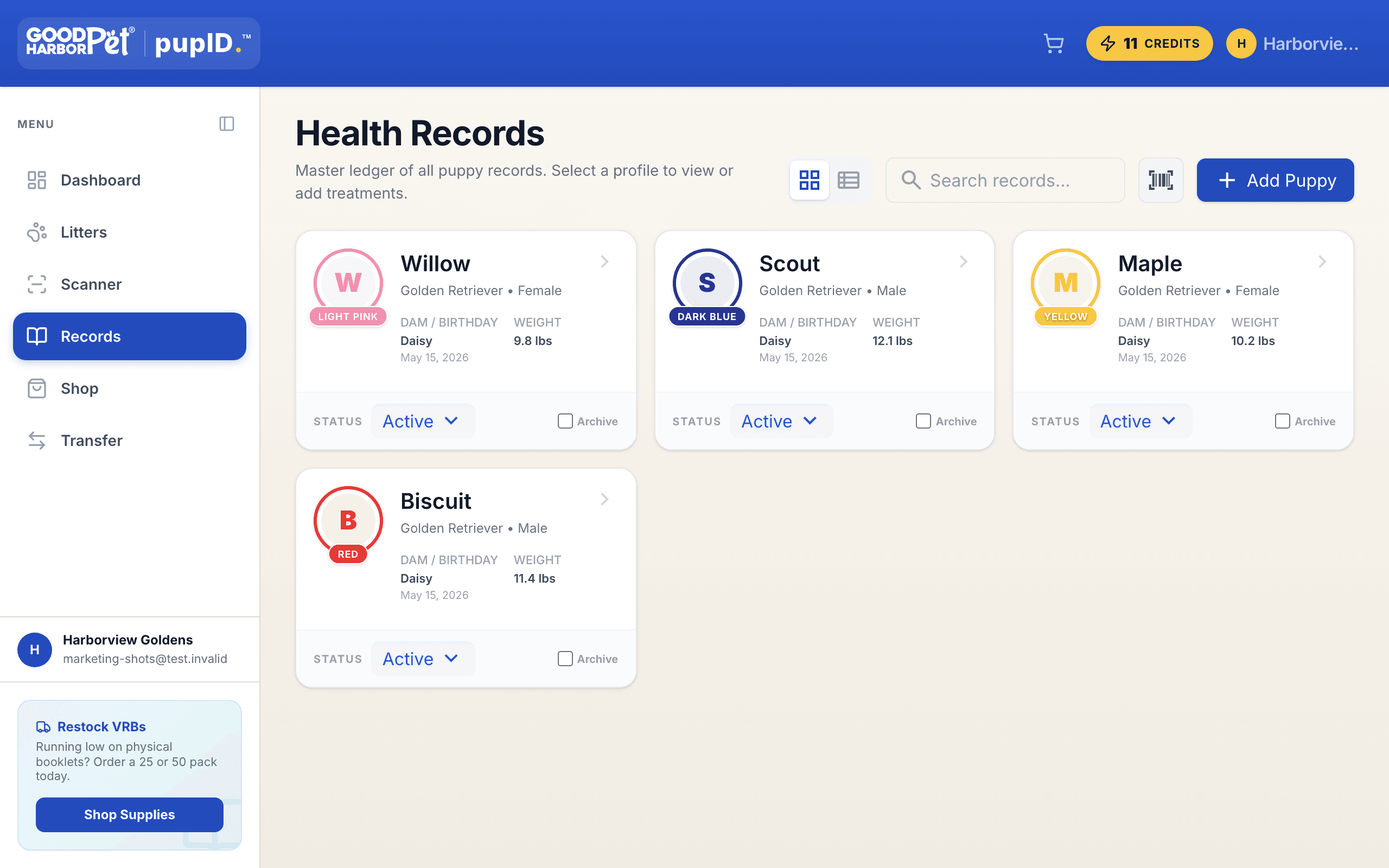 Pupid breeder dashboard on desktop, listing every puppy in a litter with their health records