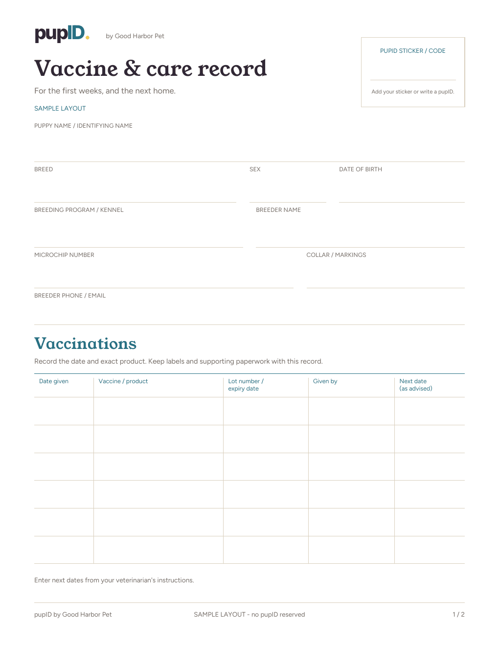 Preview of the new pupID printable puppy vaccine and health record