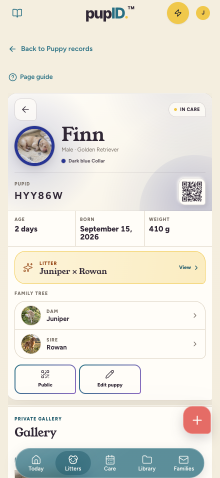Finn’s example private puppy record, showing identity, weight, parents and gallery