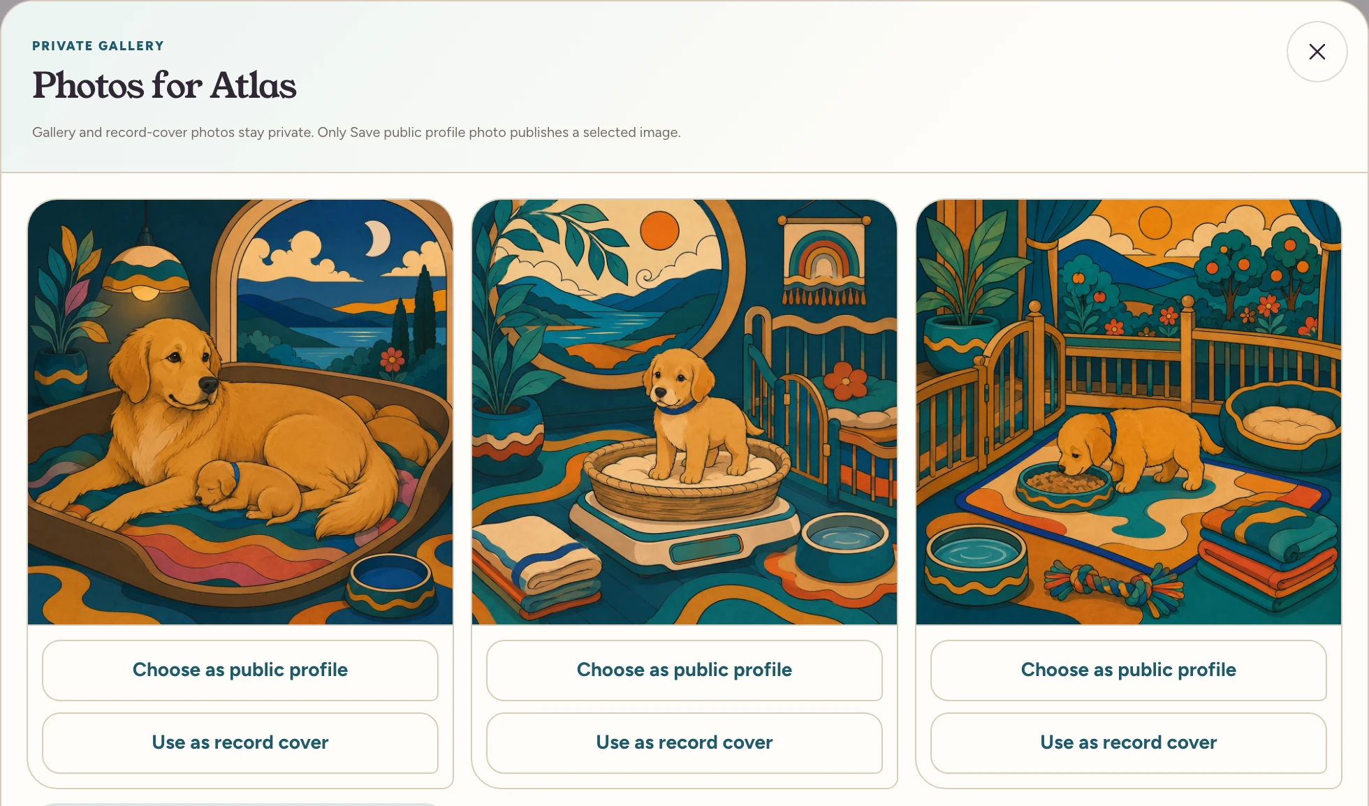 Atlas’s example private gallery with controls to choose a public profile photo