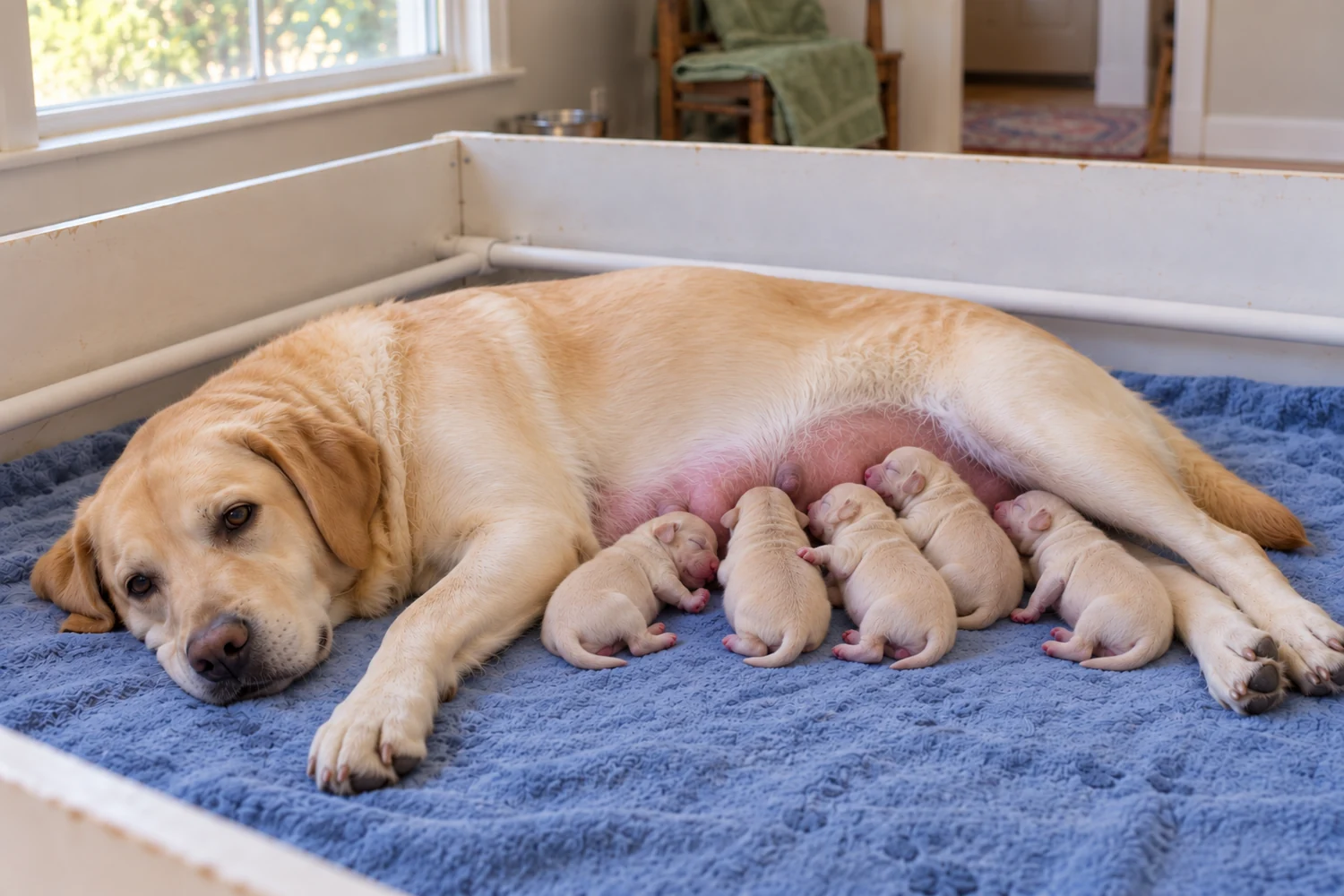 The yellow Labrador mother rests with her five small closed-eye puppies gathered against her on the same blue fleece.