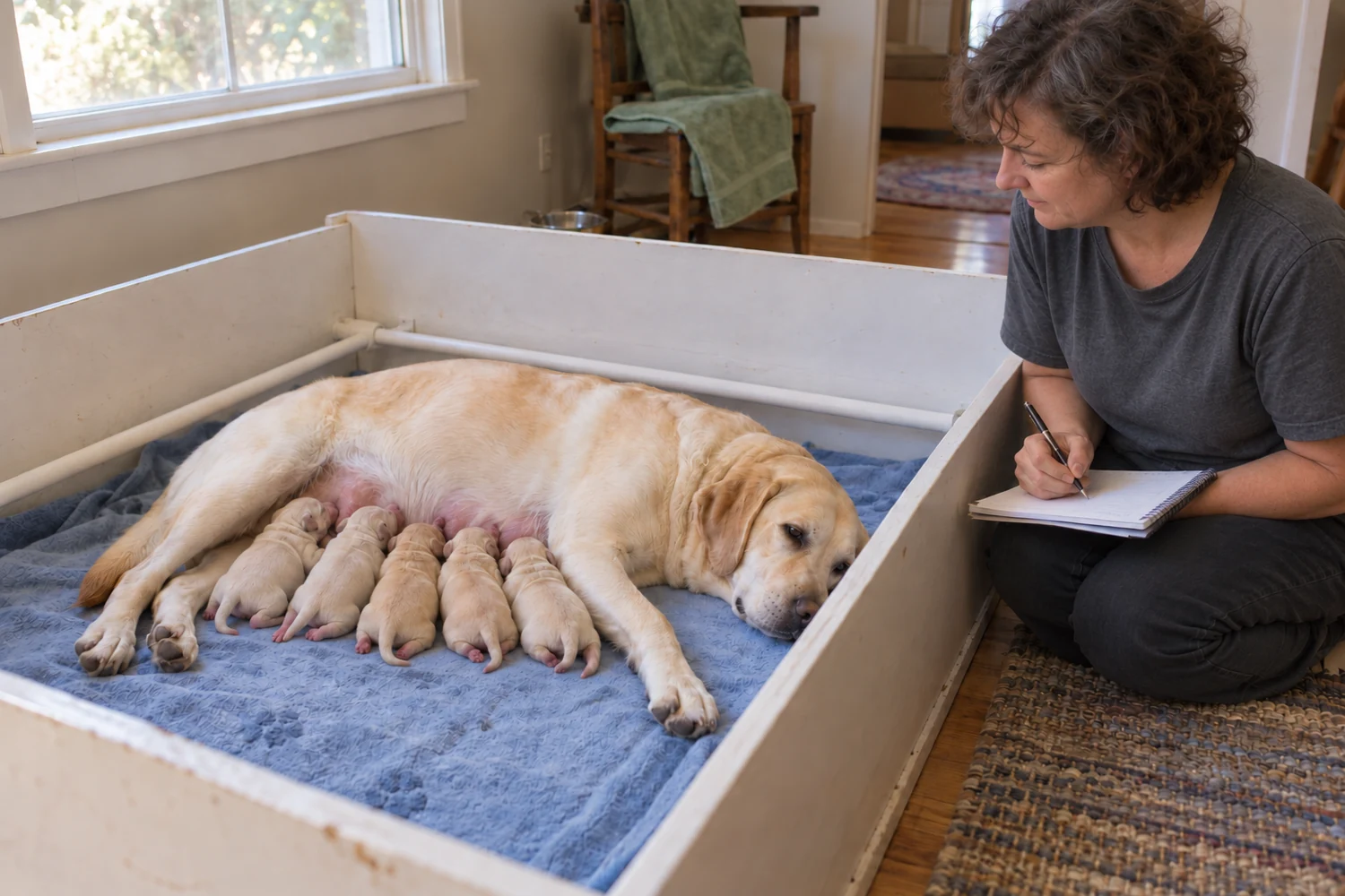 A woman writes beside a white whelping box while a yellow Labrador lies with five tiny puppies on blue bedding.