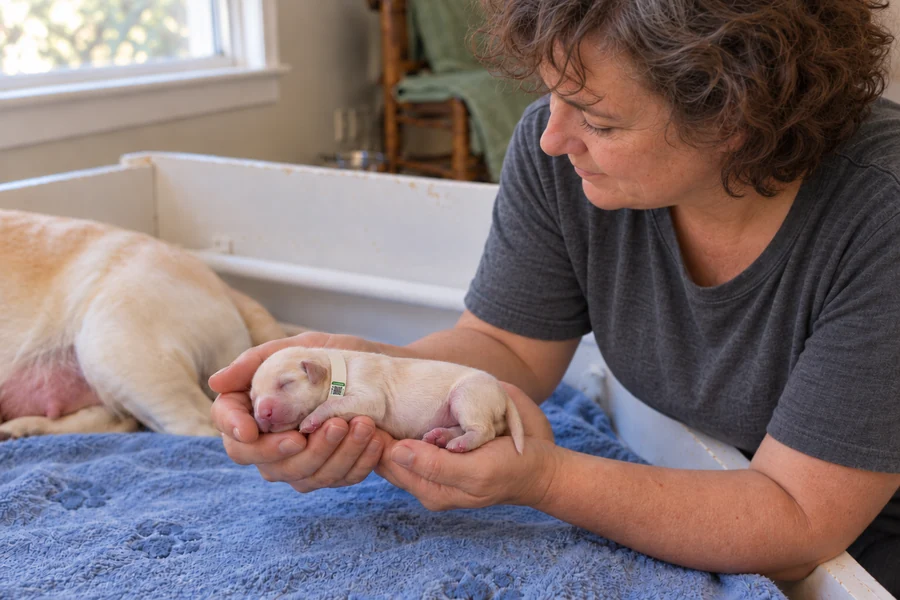 Two hands support a tiny pale Labrador puppy horizontally just above the blue bedding.