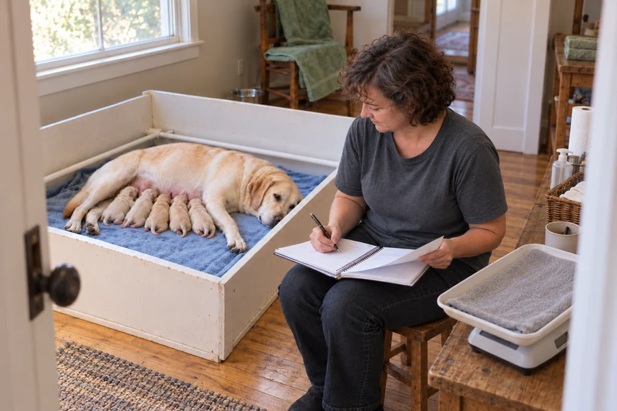 The breeder sits beside the nursery reviewing handwritten notes, with a lined scale on a nearby low work surface.
