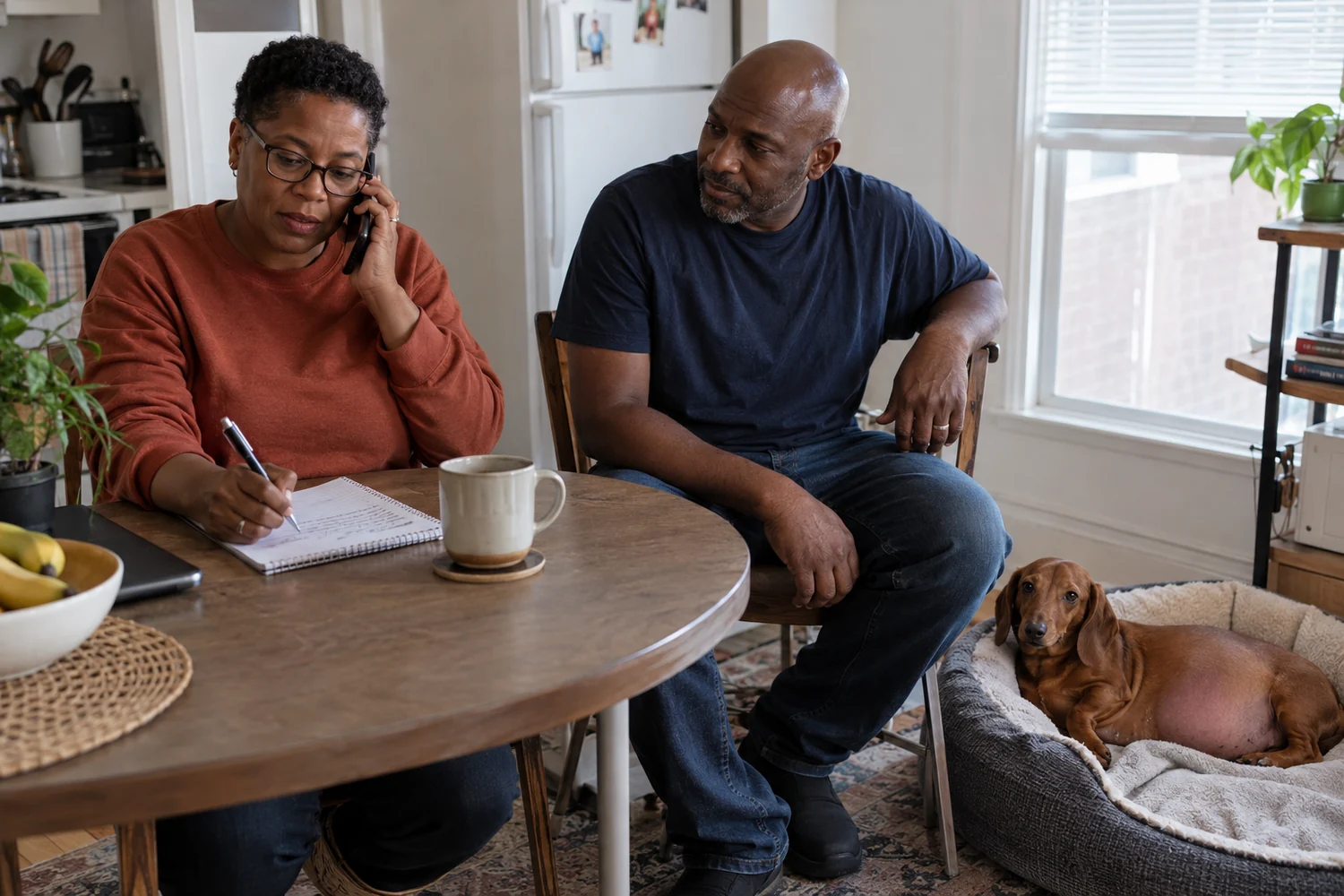A woman makes a phone call and writes notes at a kitchen table while her partner listens and their pregnant Dachshund rests nearby.