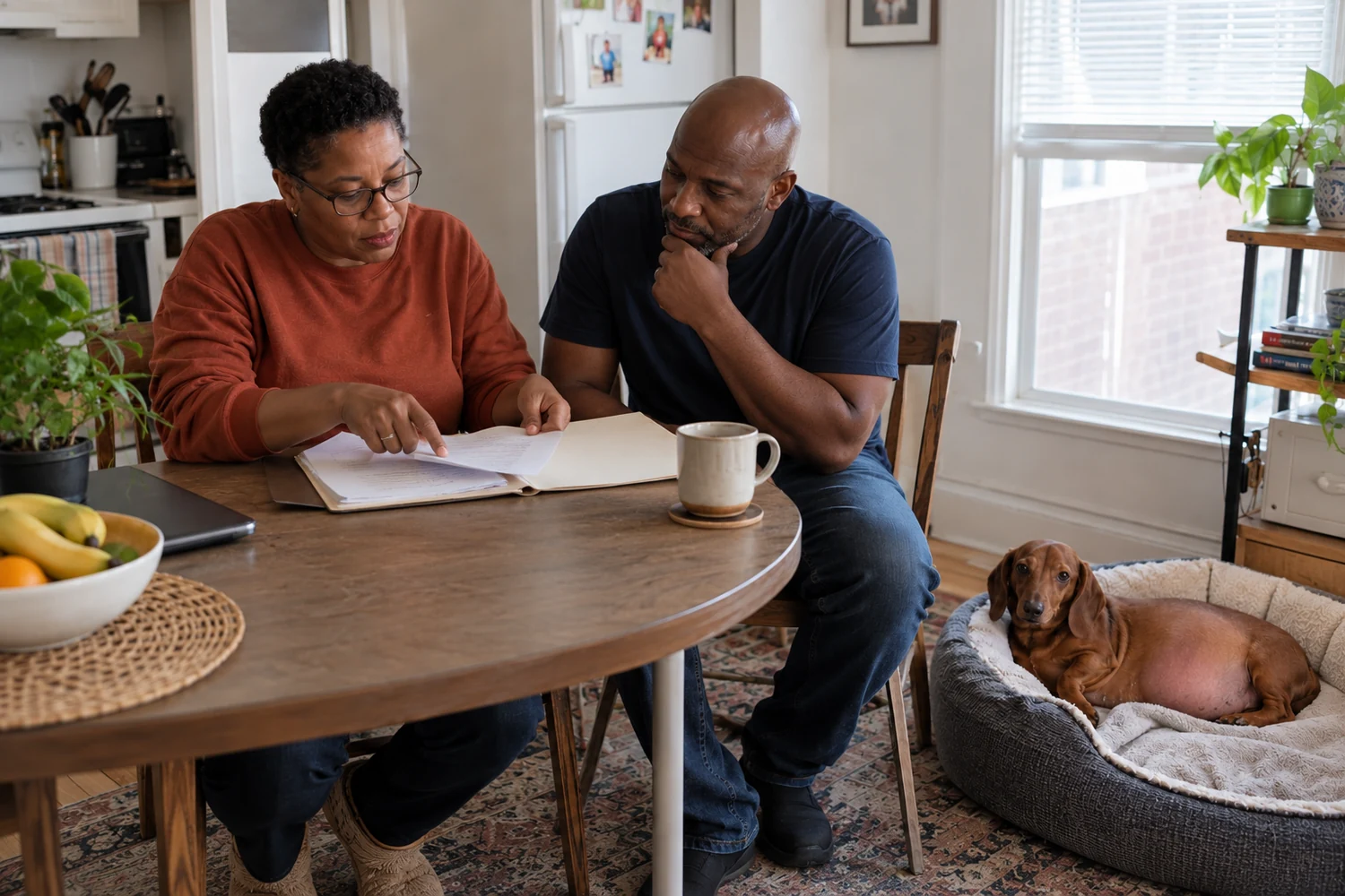 The same couple discuss arrangements beside their resting Dachshund.