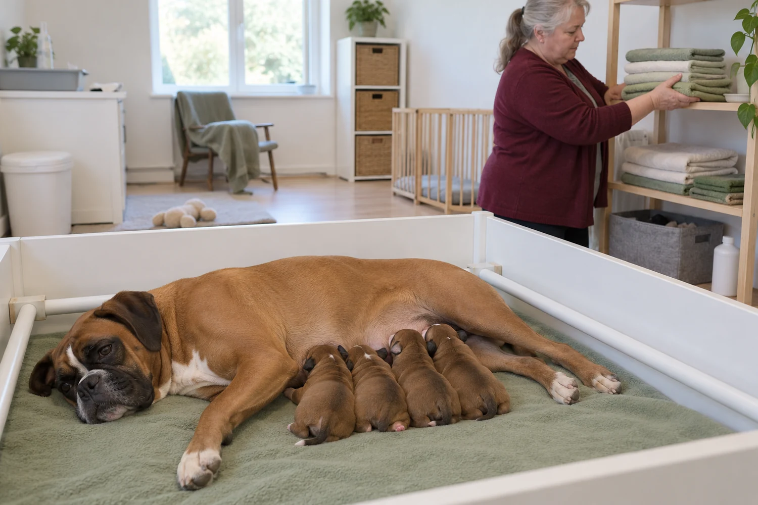 An older woman replenishes towels outside a Boxer mother’s whelping box.