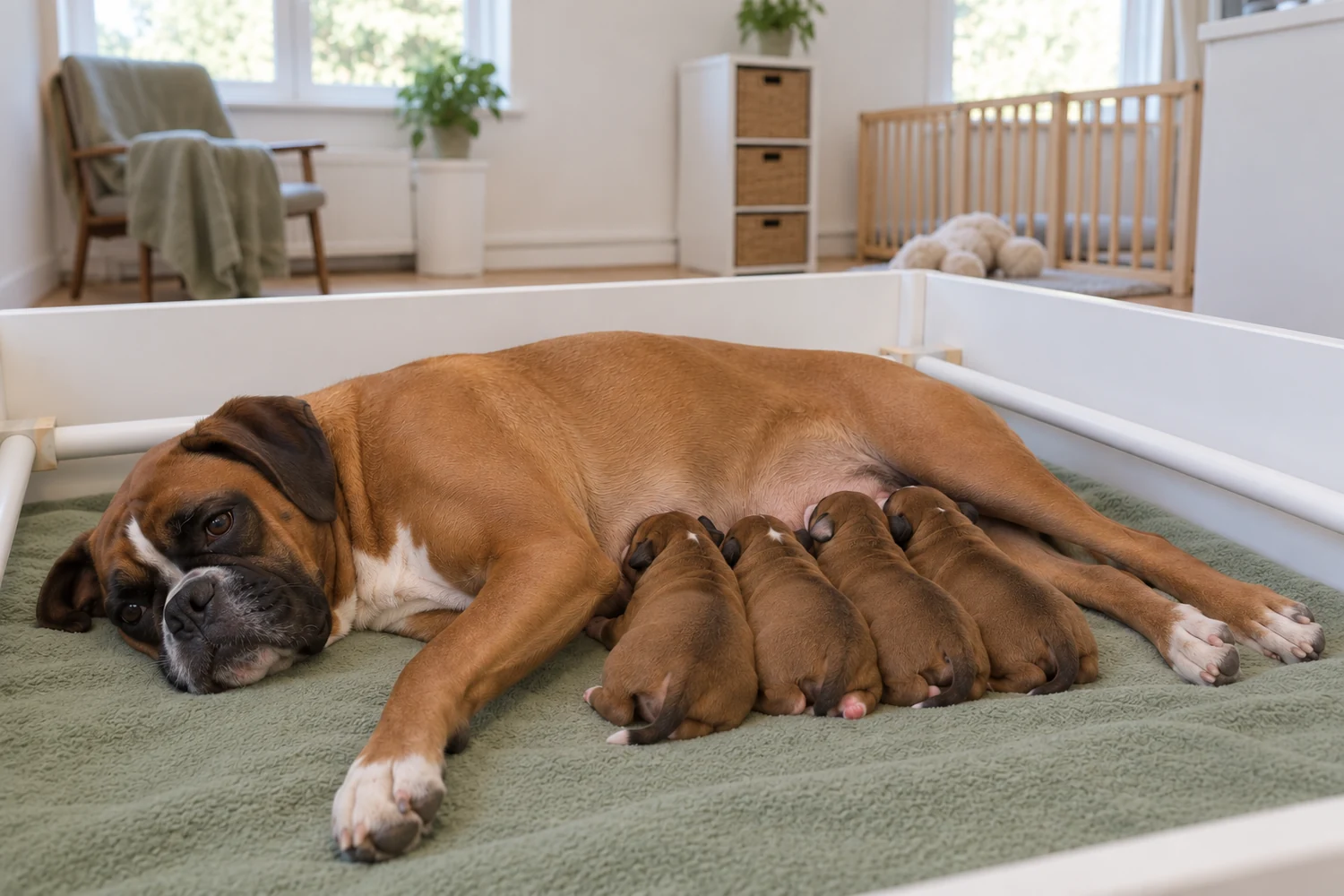 The same fawn Boxer mother rests with her tiny newborn puppies.