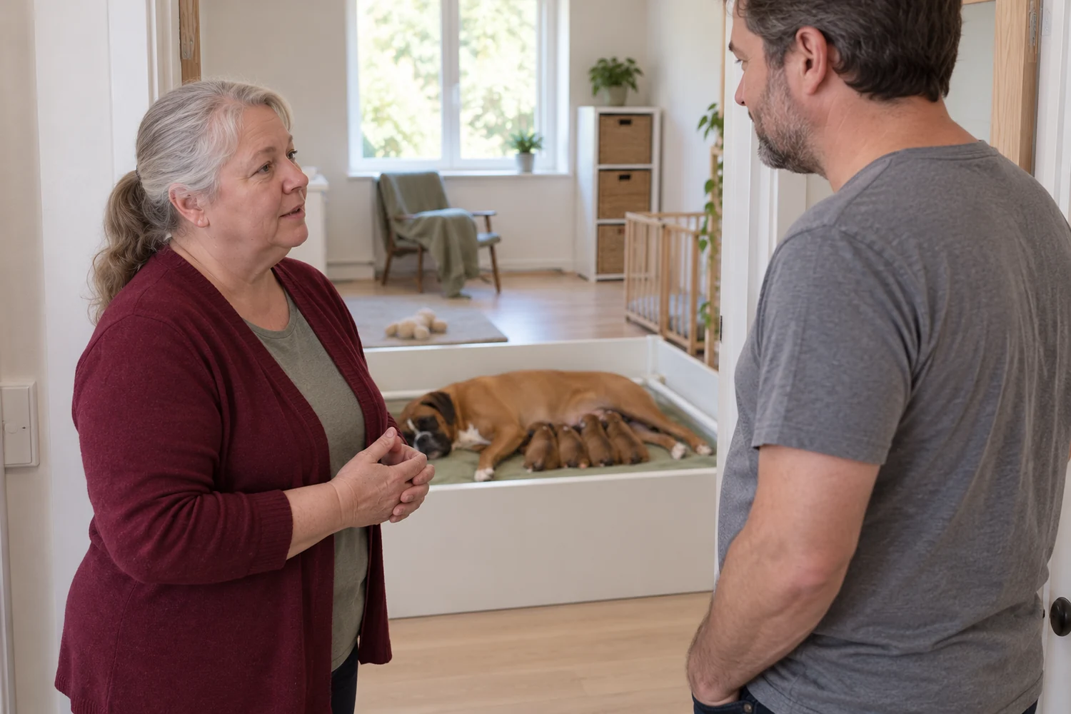 The familiar caregiver speaks to a household member at the nursery doorway.