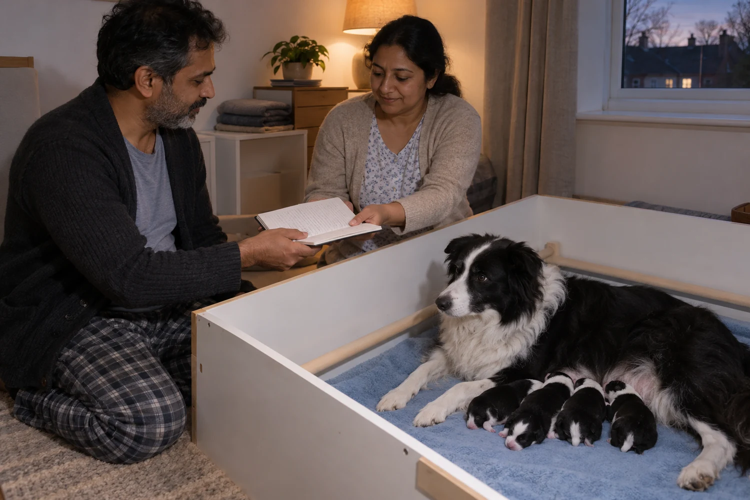 Two adults exchange a notebook beside a Border Collie mother and newborn litter at dusk.