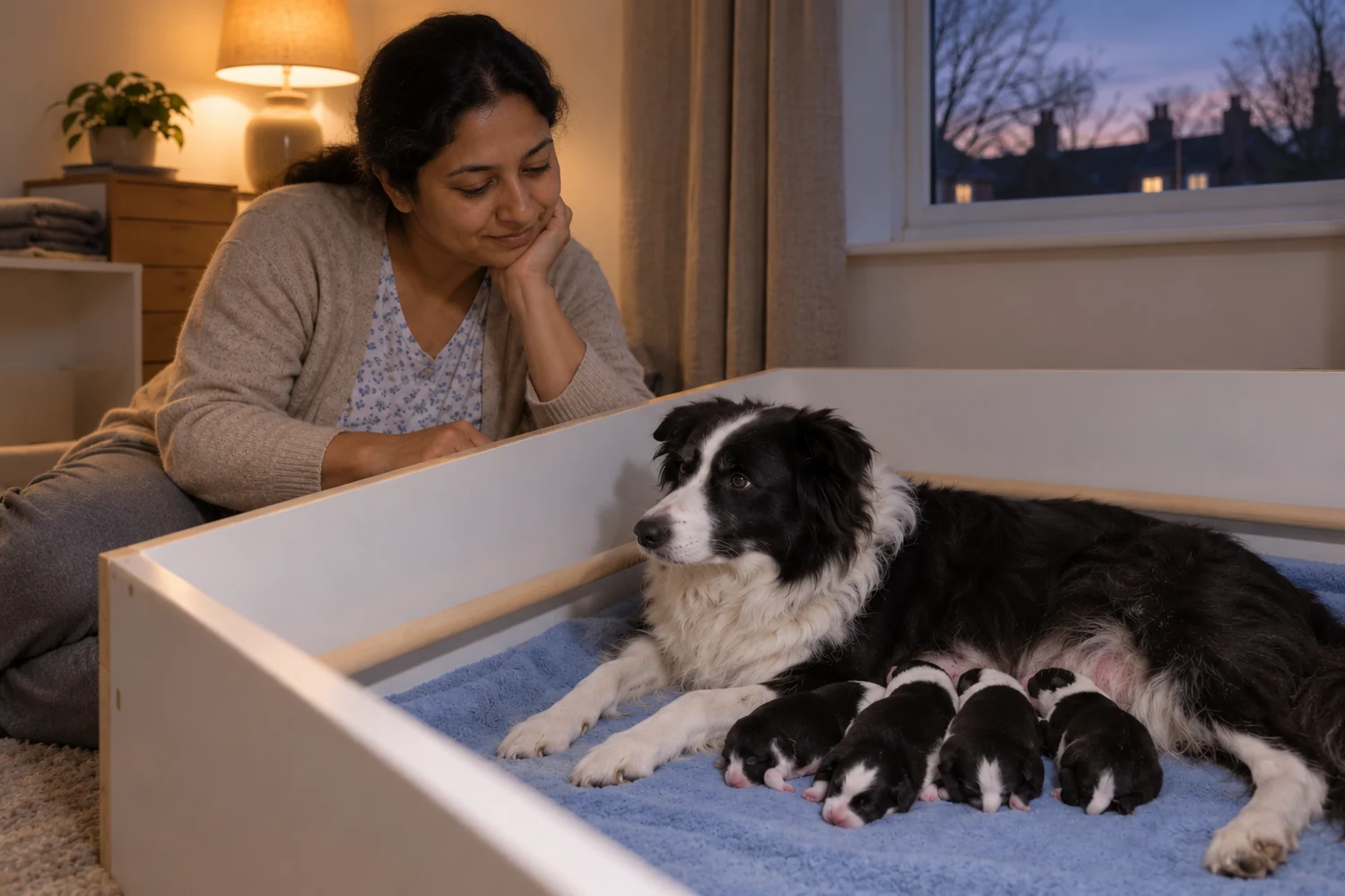 One familiar caregiver sits quietly near the same Border Collie and newborns.