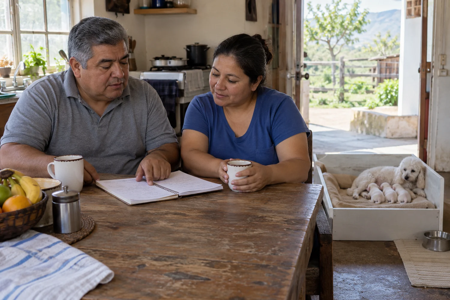 Two adults discuss original litter notes together at a modest kitchen table.