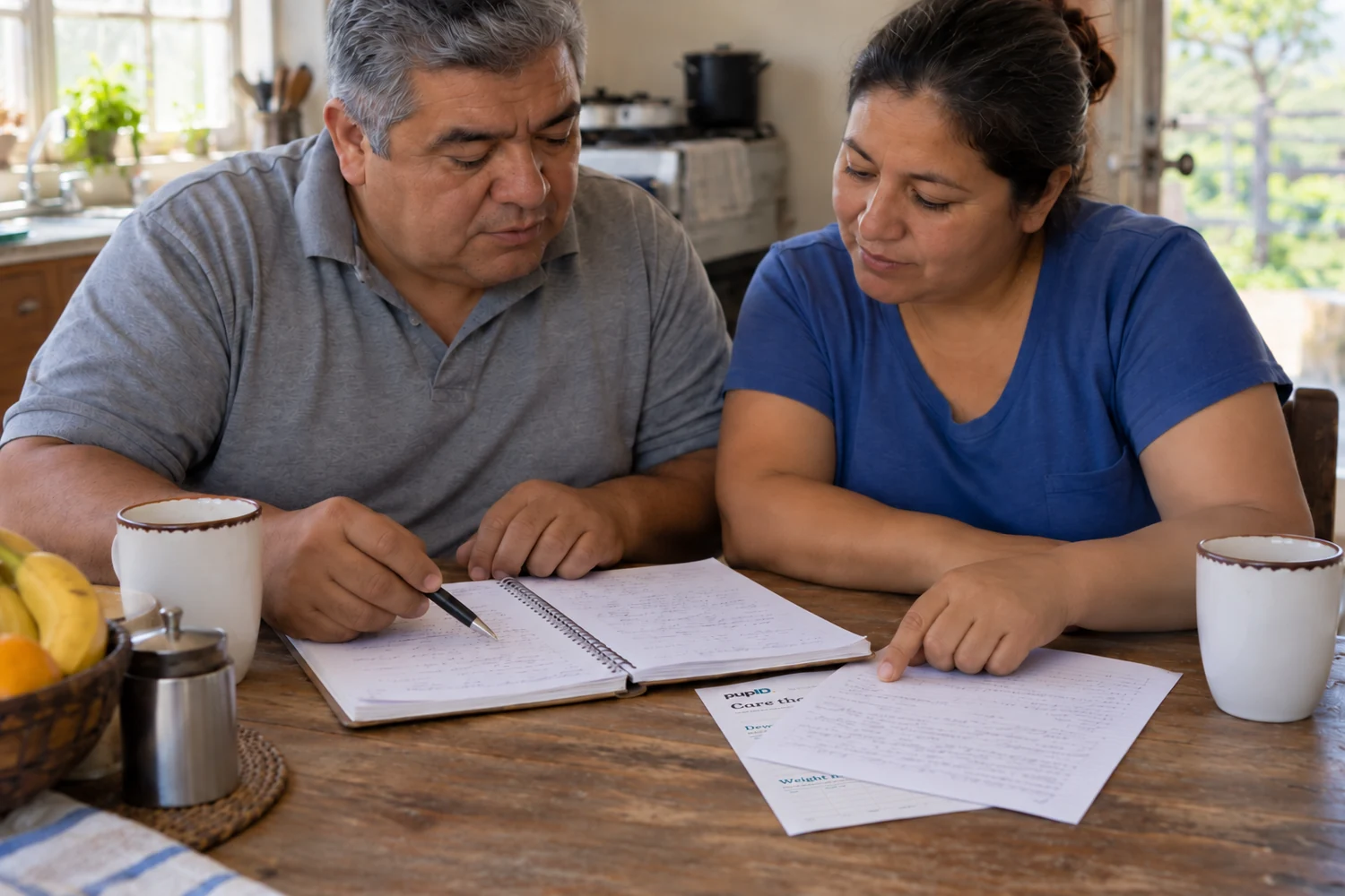 A close view of the same adults’ hands comparing a notebook and loose review paper.