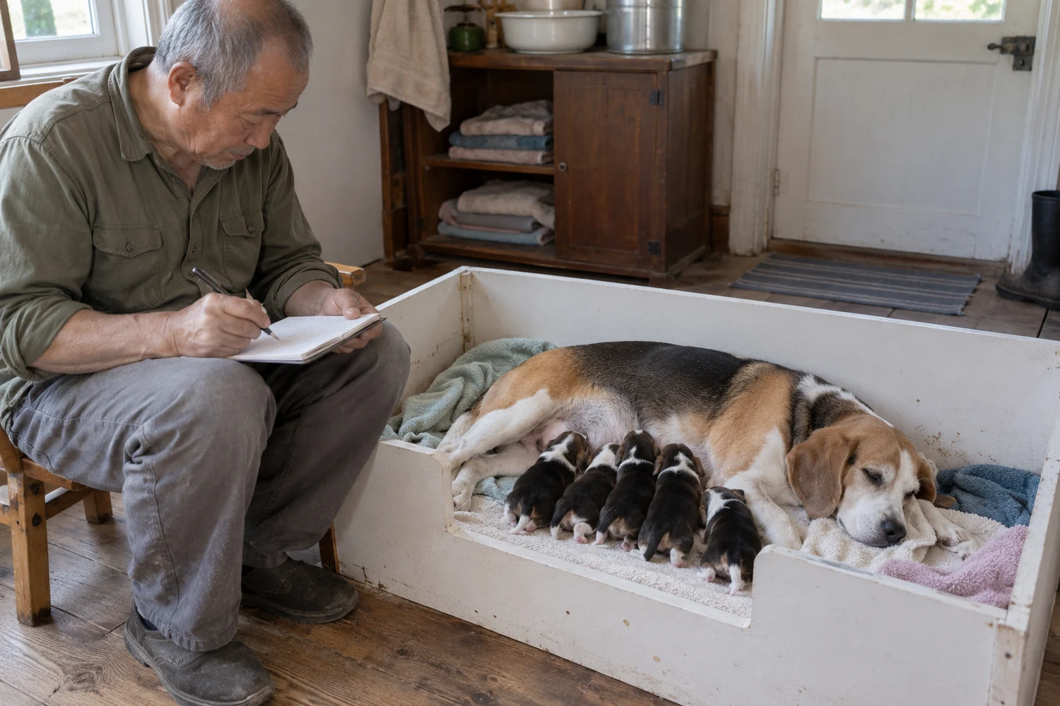 An older man records observations beside a Beagle mother and her newborn litter in a practical home nursery.