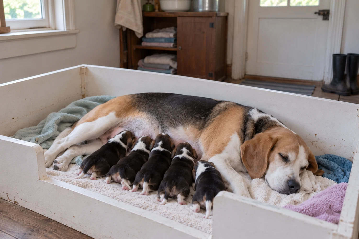 The same Beagle mother resting beside her tiny closed-eye puppies.