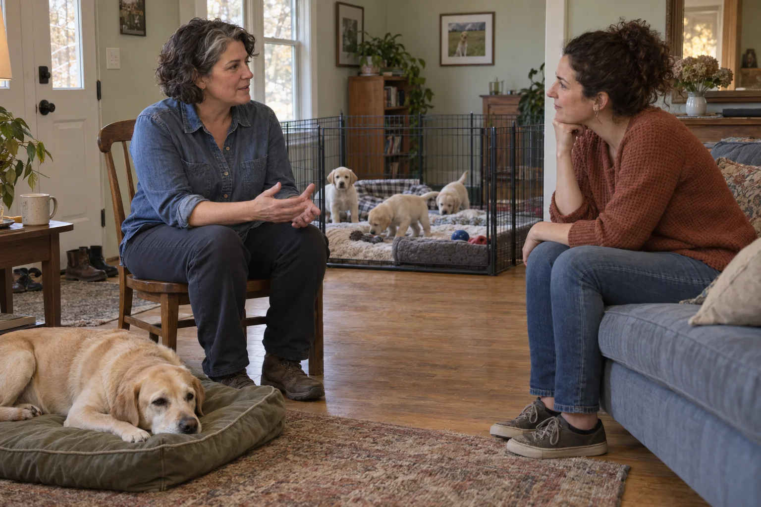 Two women talking in a lived-in room, with an adult yellow Labrador resting nearby and three puppies in a pen.