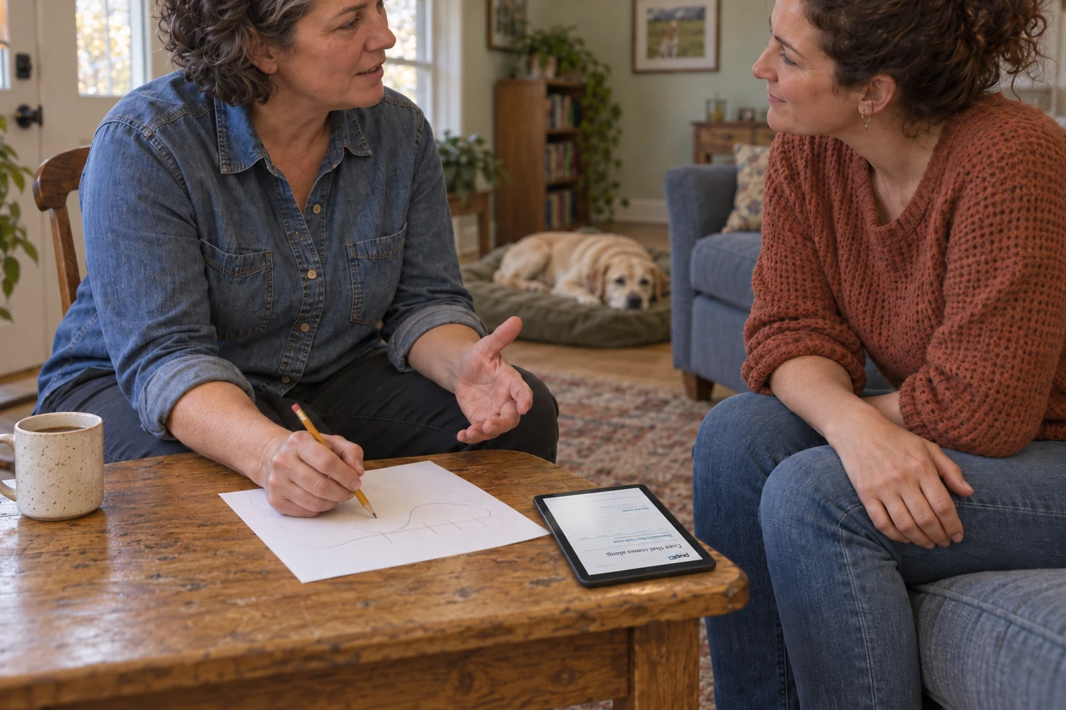 A breeder holds a pencil over a sheet of paper while talking with a visitor; a Labrador rests behind them.