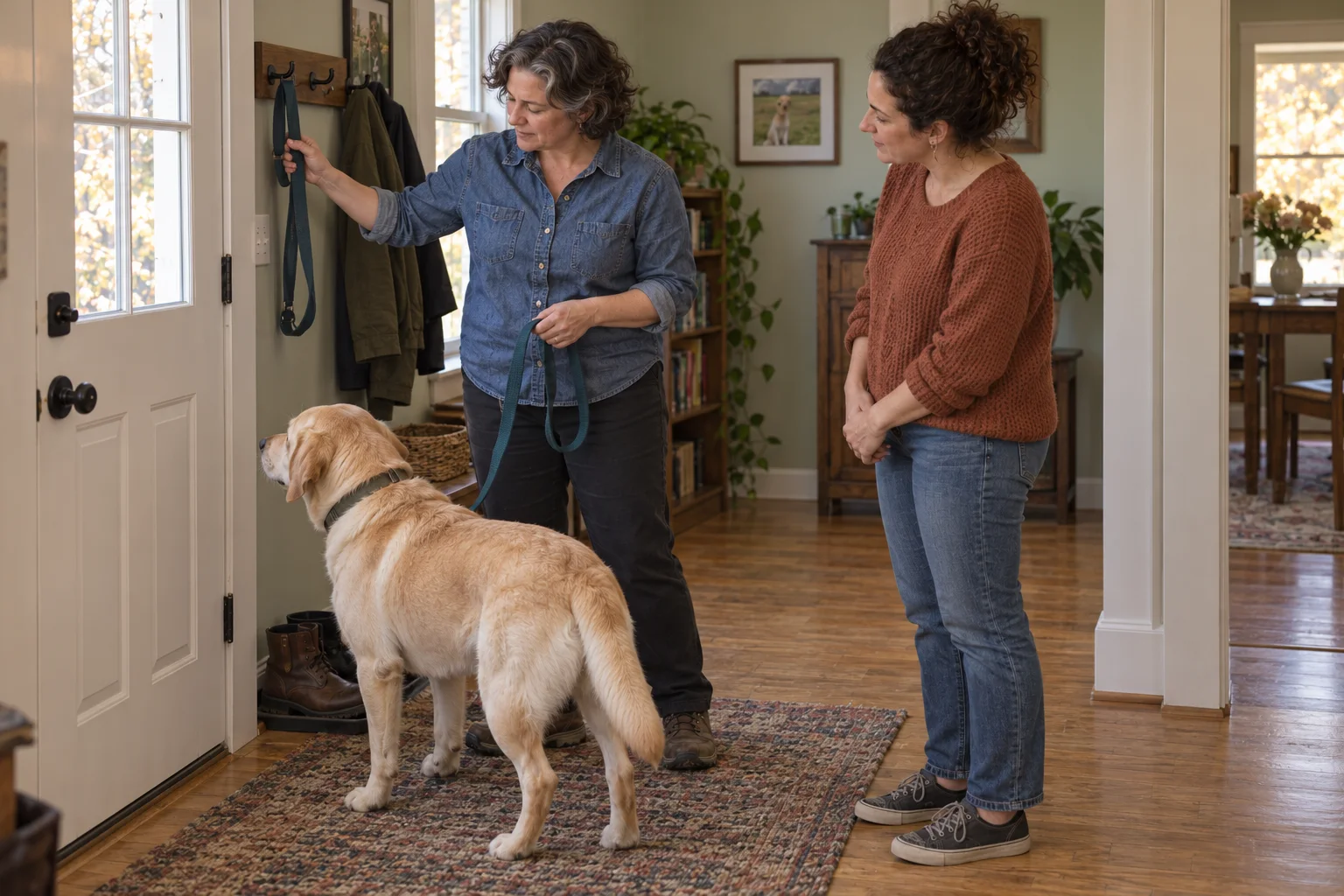 A woman takes a teal leash from a hook beside the door while another listens and a yellow Labrador waits.