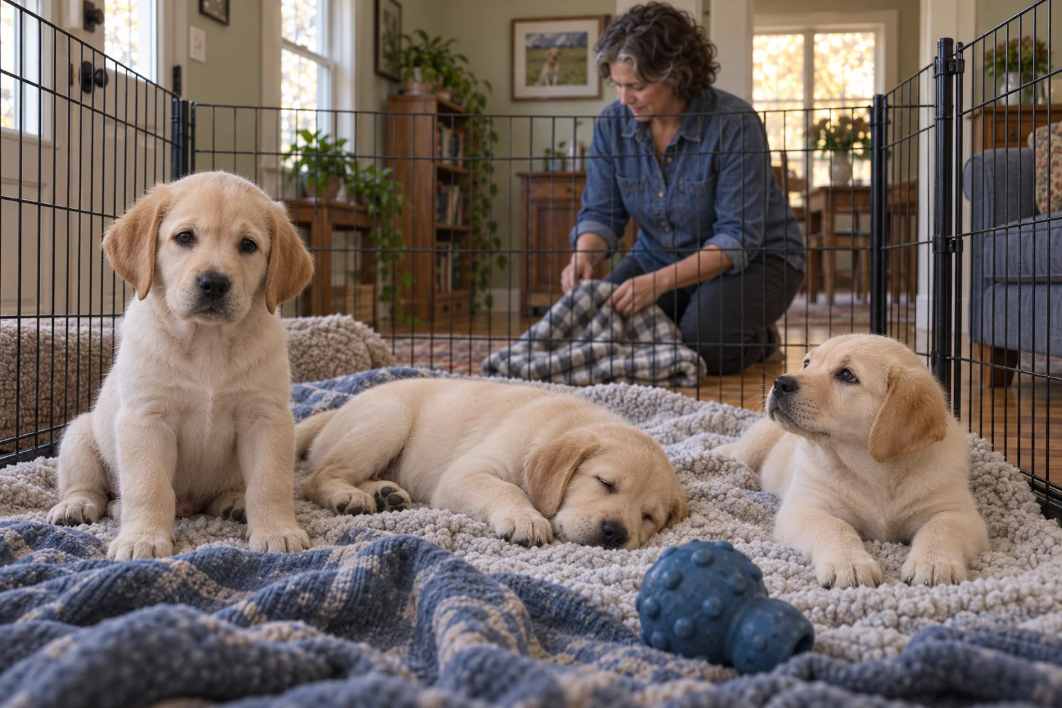 Three young yellow Labrador puppies rest on varied bedding while a caregiver folds a blanket beyond their pen.