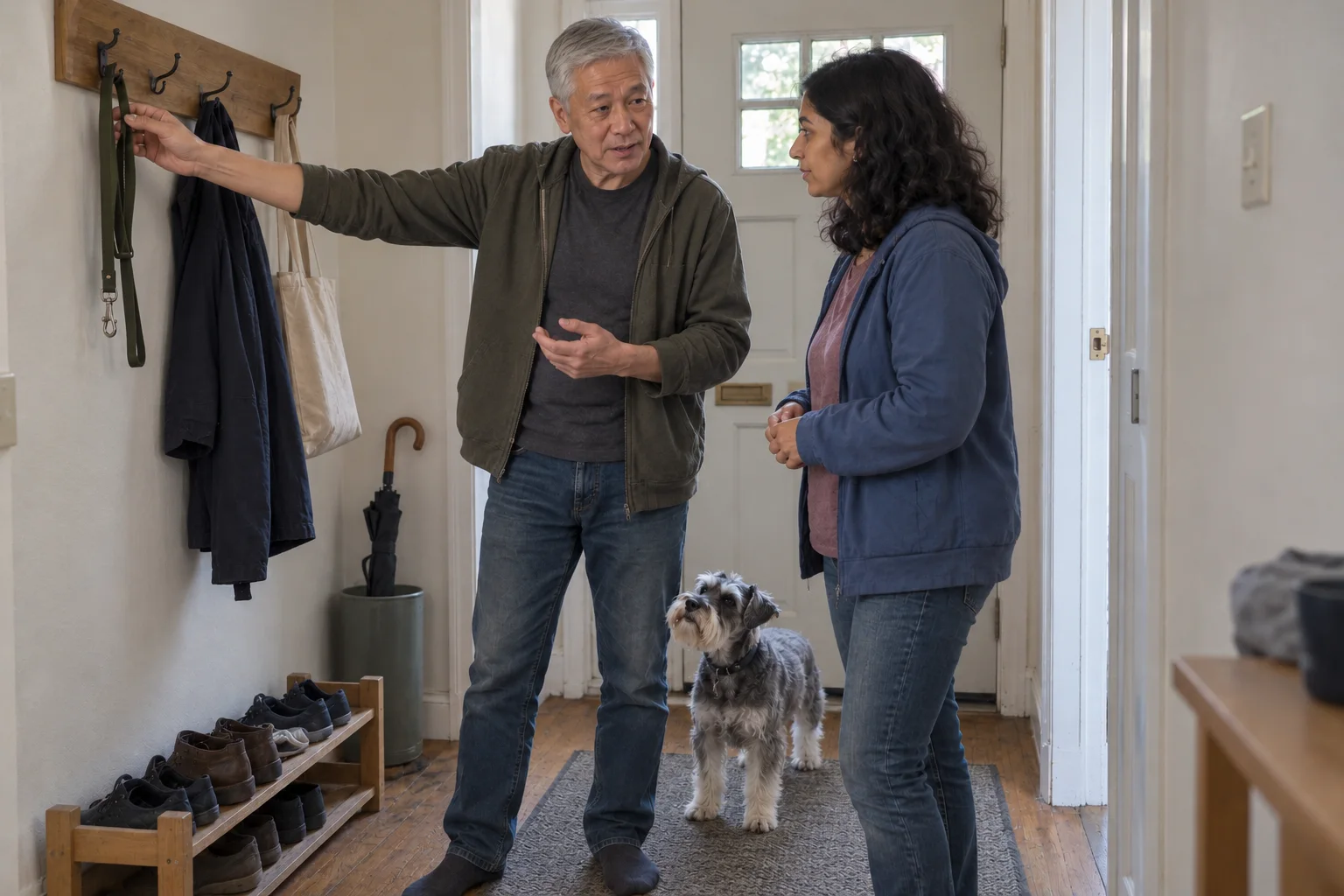 An older man shows a woman where a lead hangs in a plain entrance hall, with a Miniature Schnauzer nearby.