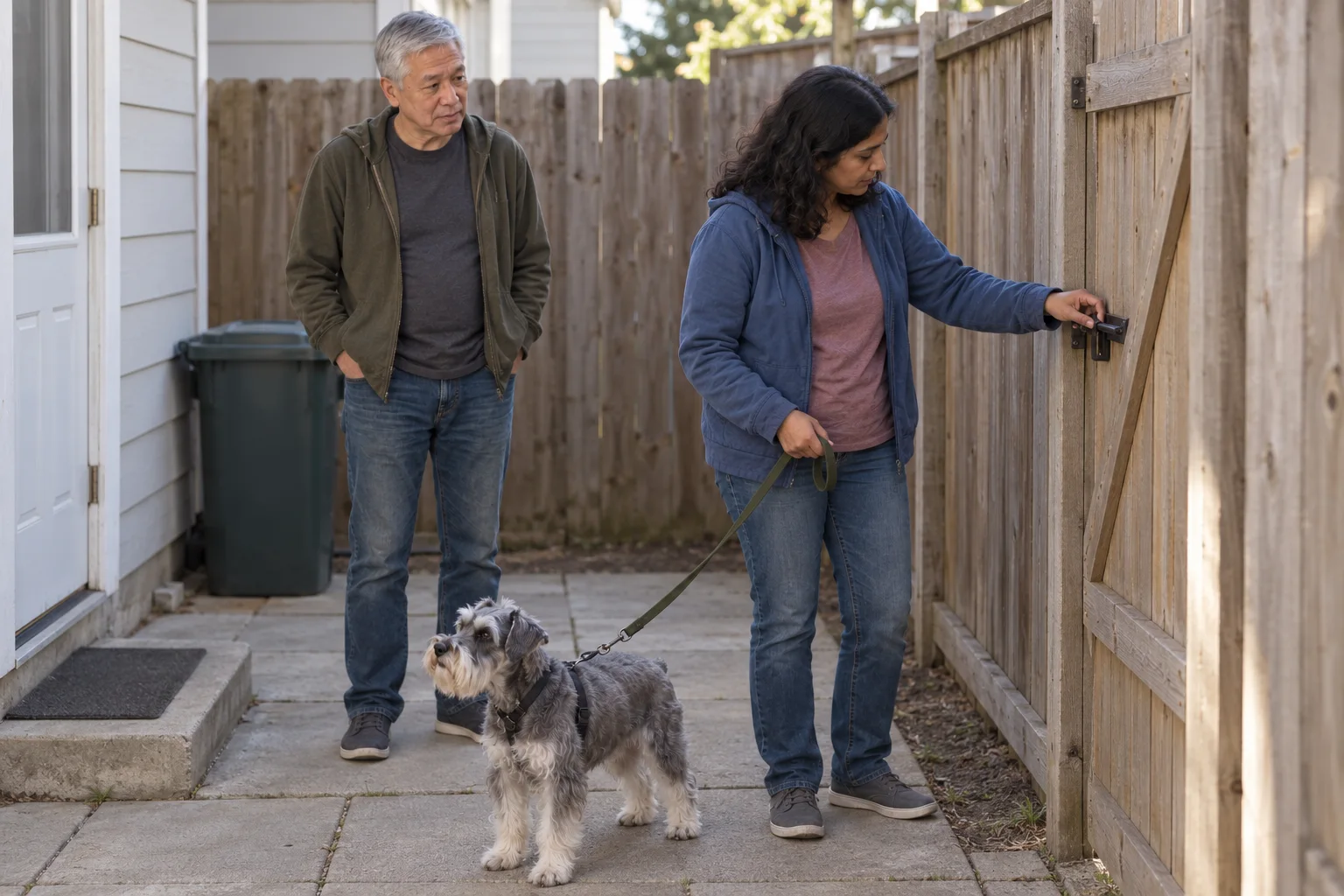A woman checks a closed garden gate latch while holding a Schnauzer’s lead, with the owner watching.