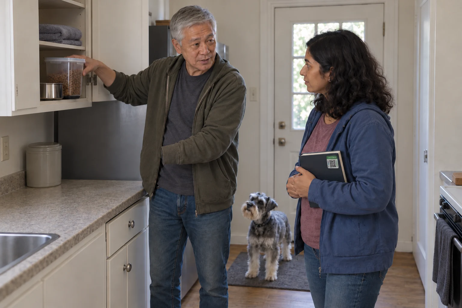 Two caregivers look inside a basic kitchen cupboard at a plain food container, towel and bowl while a Schnauzer waits behind them.