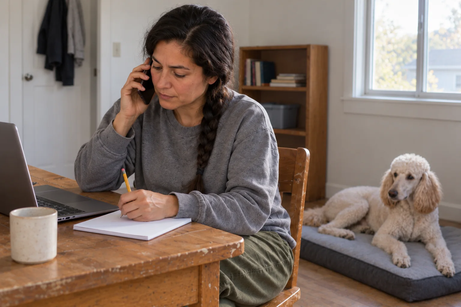 A breeder takes a phone call and writes a note at a simple table, with a Poodle resting behind her.