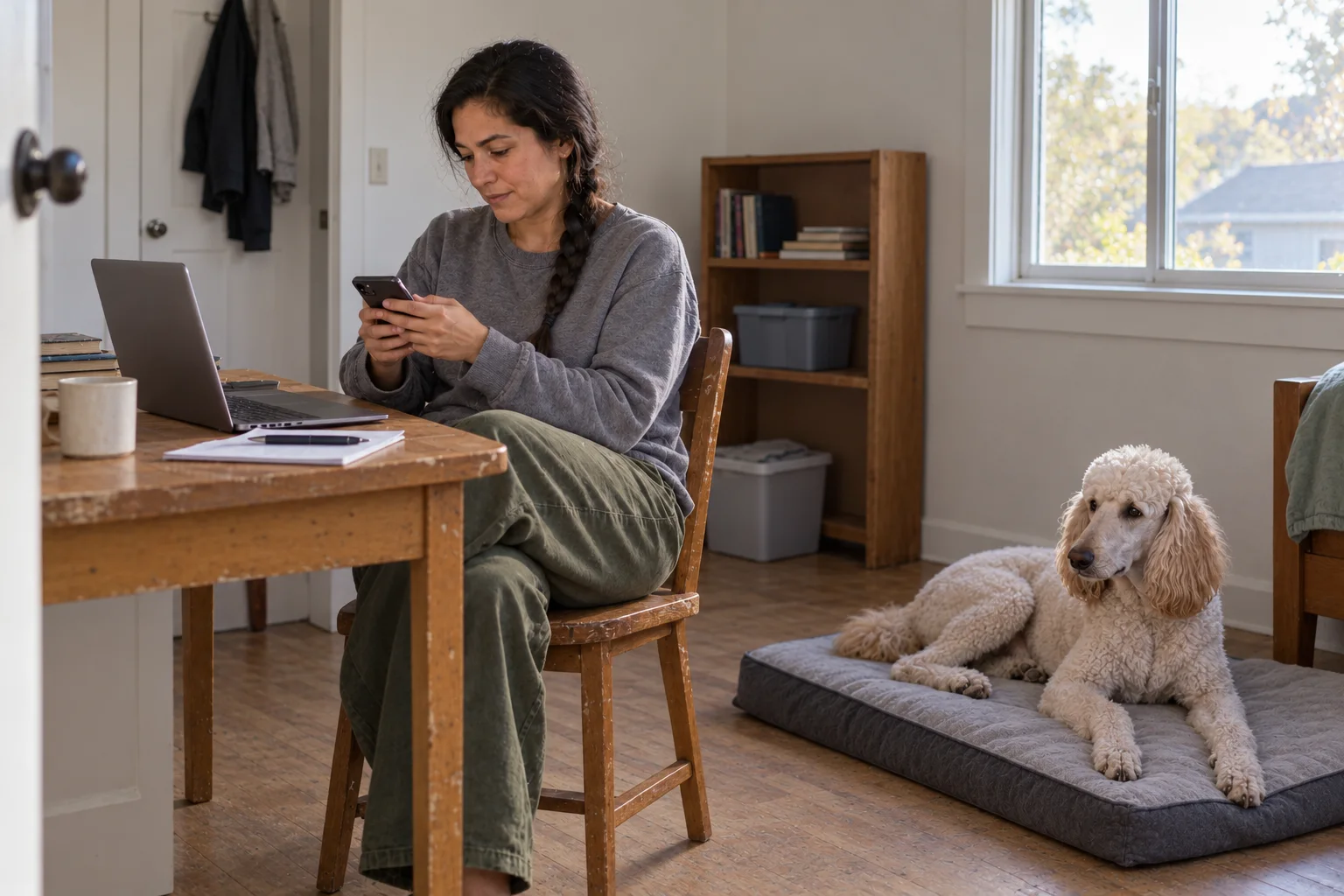 A woman in a faded gray sweatshirt reads a phone at a basic desk while a cream Standard Poodle rests on a plain mat.