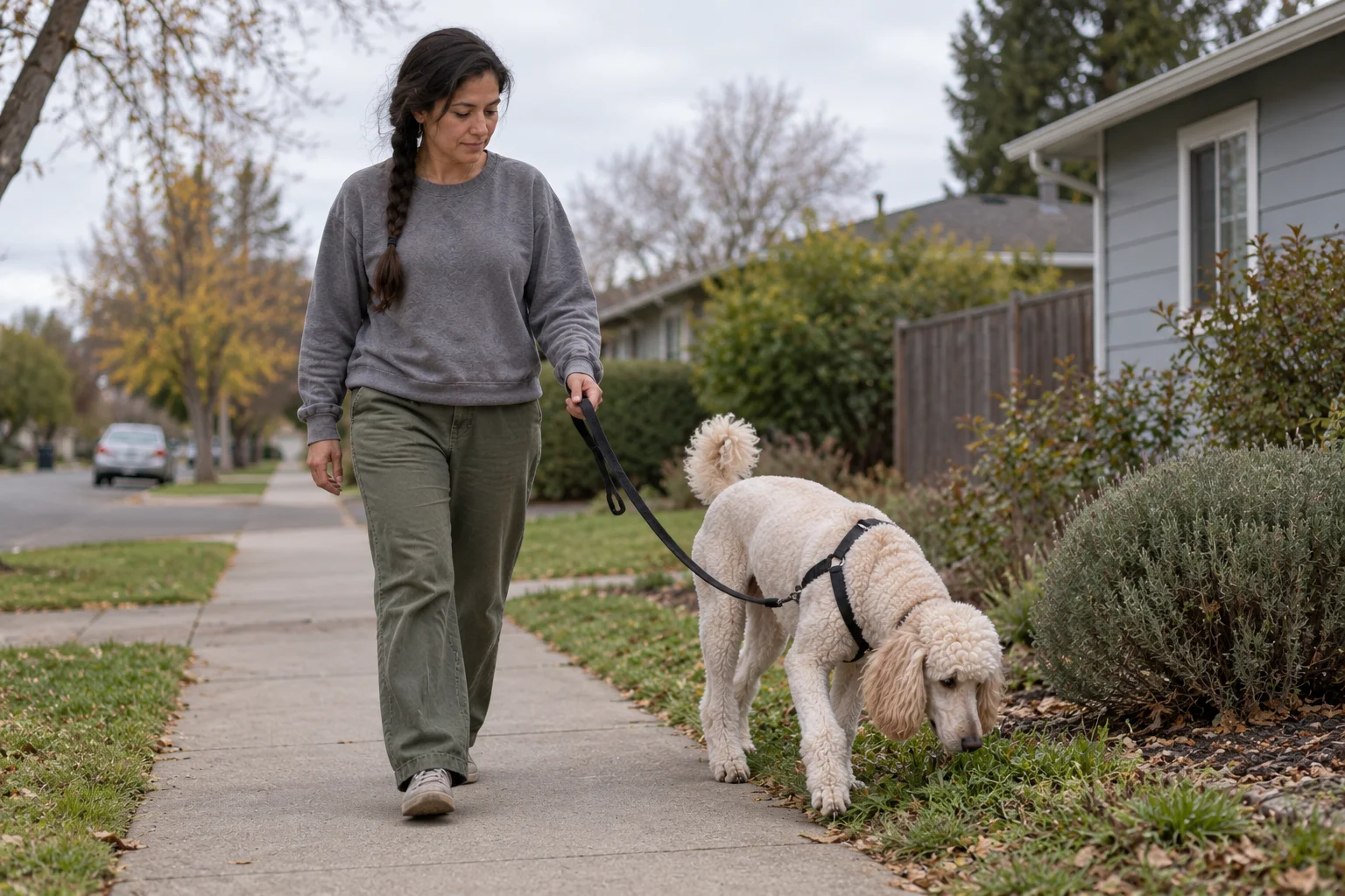 A woman walks a cream Standard Poodle along an ordinary residential path, watching the dog with her phone put away.