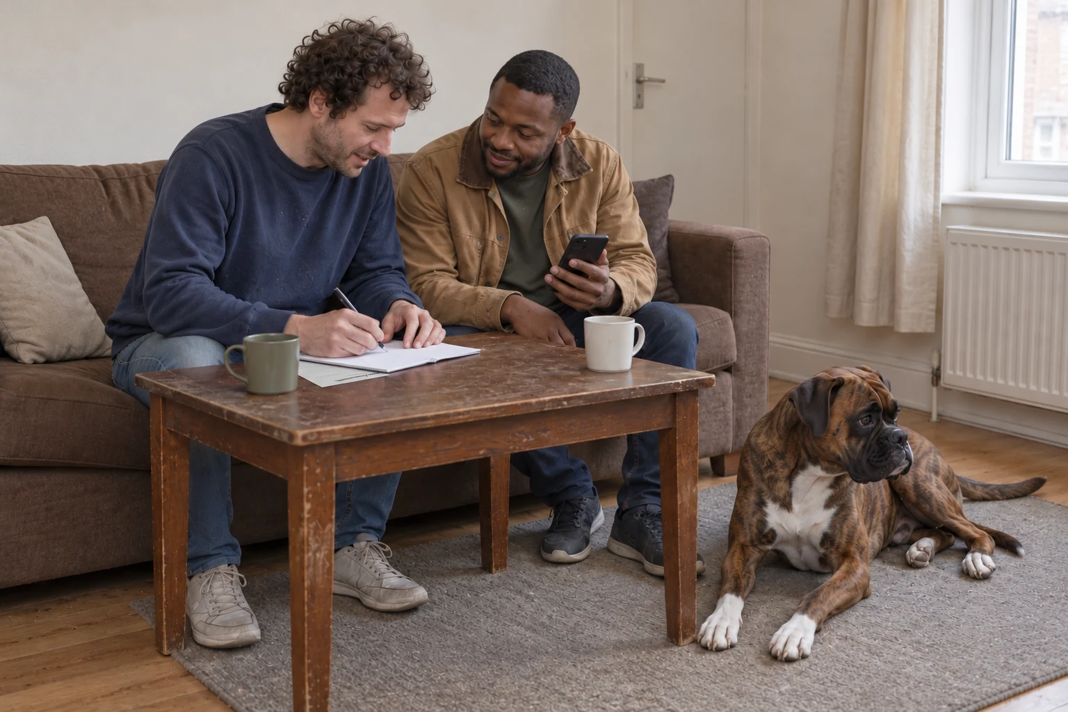 Two men sit at a basic table with a phone and notebook while a brindle Boxer rests nearby.