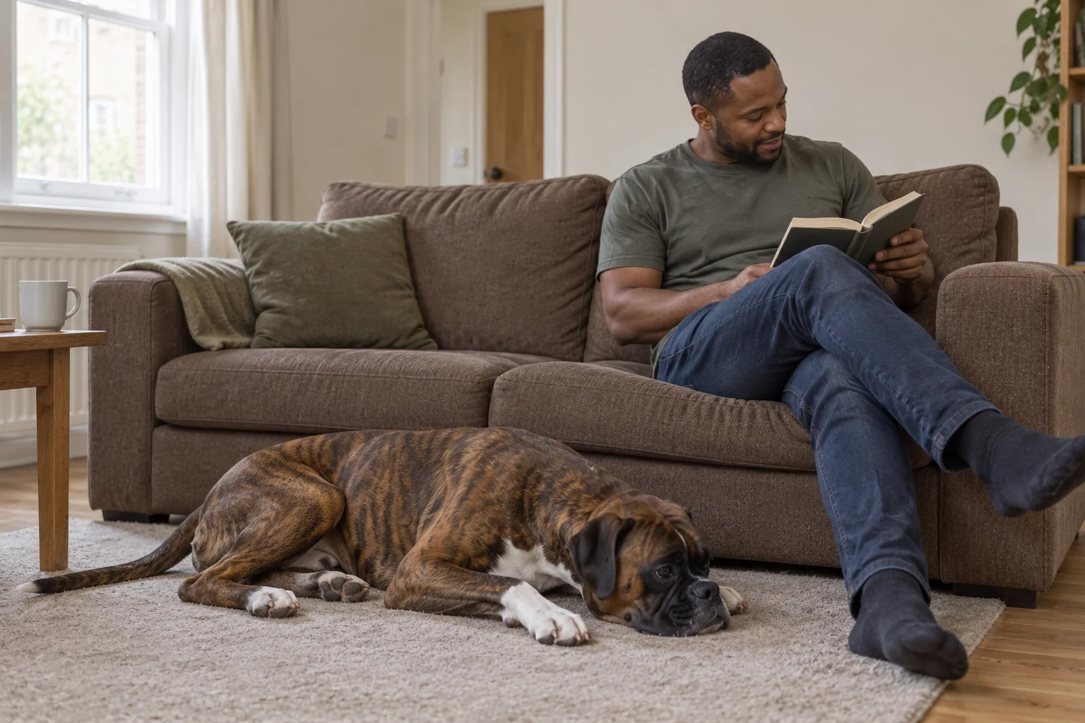 An adult brindle Boxer rests on a plain rug beside an older sofa while a man reads nearby.