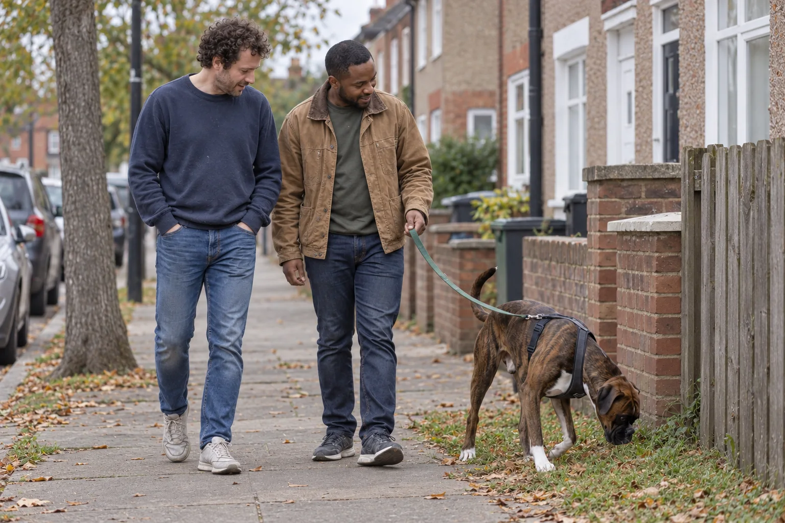 Two dads in everyday clothes walk an adult brindle Boxer along a plain residential street.