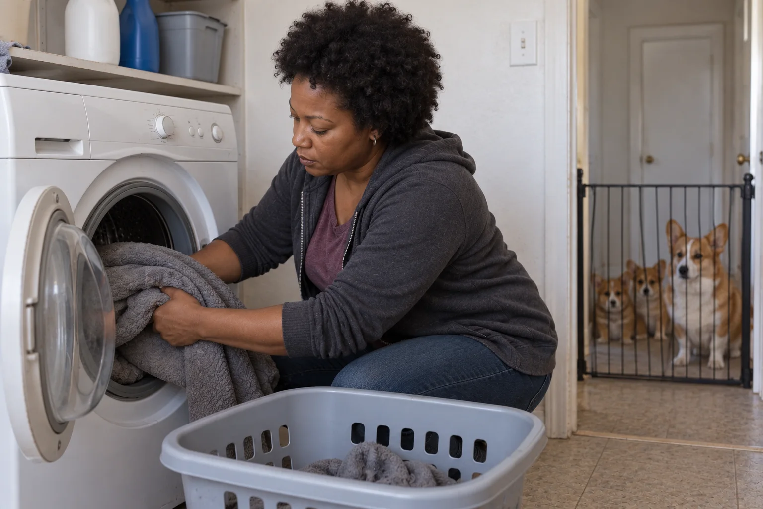 A breeder loads plain dog bedding into a washing machine while an adult Corgi waits behind a barrier.